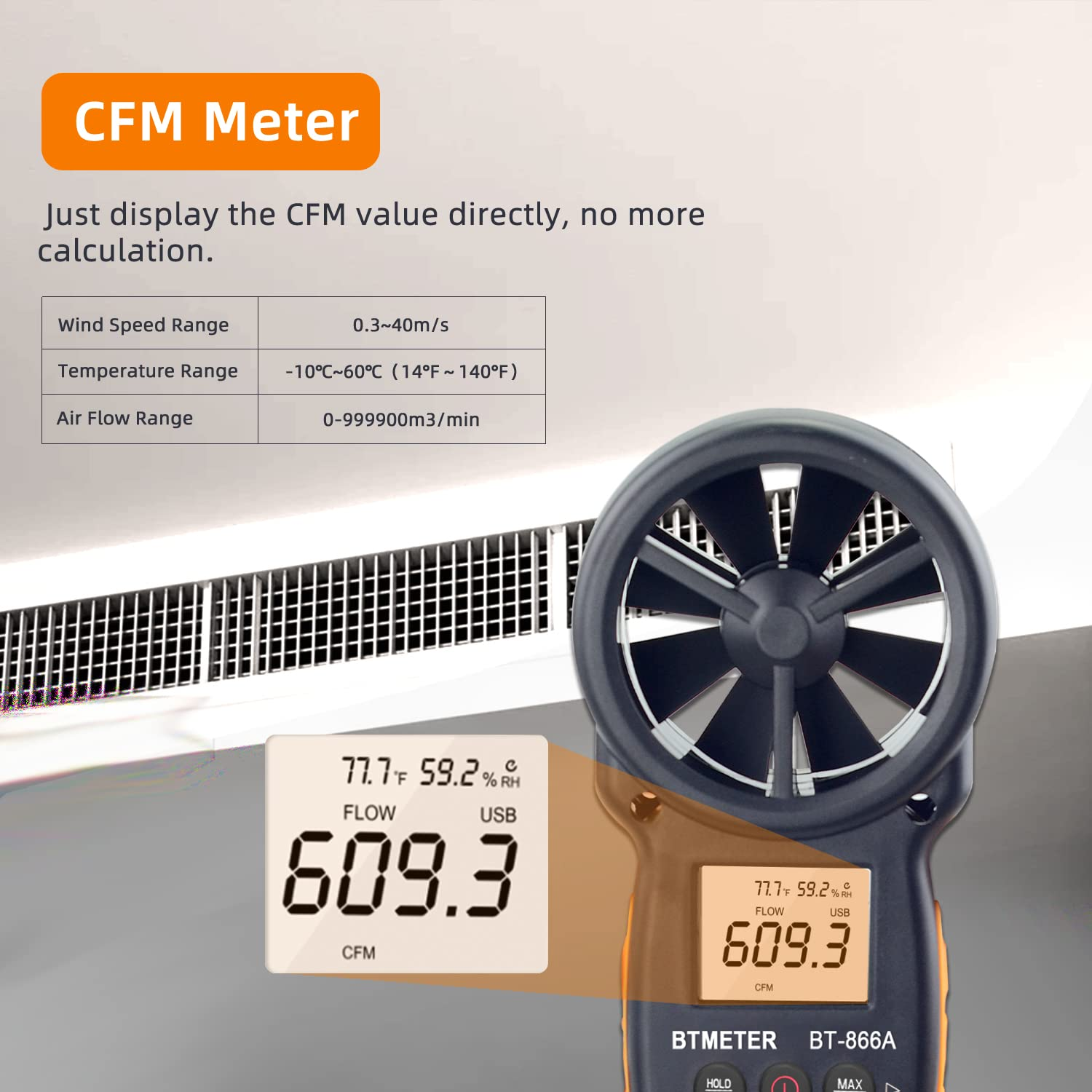 BTMETER BT-866A Pro Handheld HVAC Anemometer for CFM Air Flow, Wind Speed Meter Gauge Measures Wind Velocity Temp%Rh Dew Point with USB Sync to PC image number 6