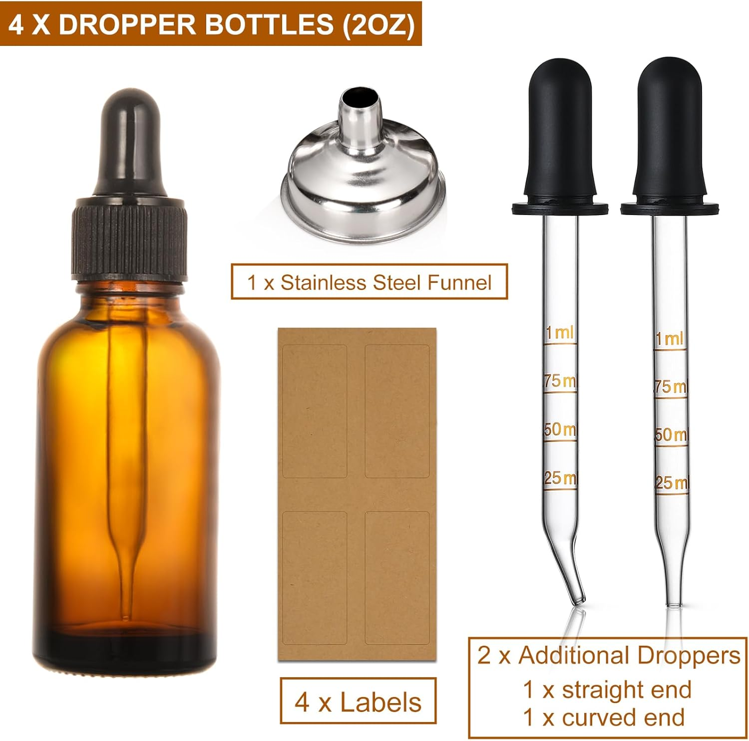 4 Pack, 2 Oz Dropper Bottles with 2Pcs Glass Pipettes(1Ml) - Essential Oils Bottles for Health, Personal Care & Beauty - 60Ml Thick Dark Amber Glass Tincture Bottle with Eye Droppers, Leakproof image number 1