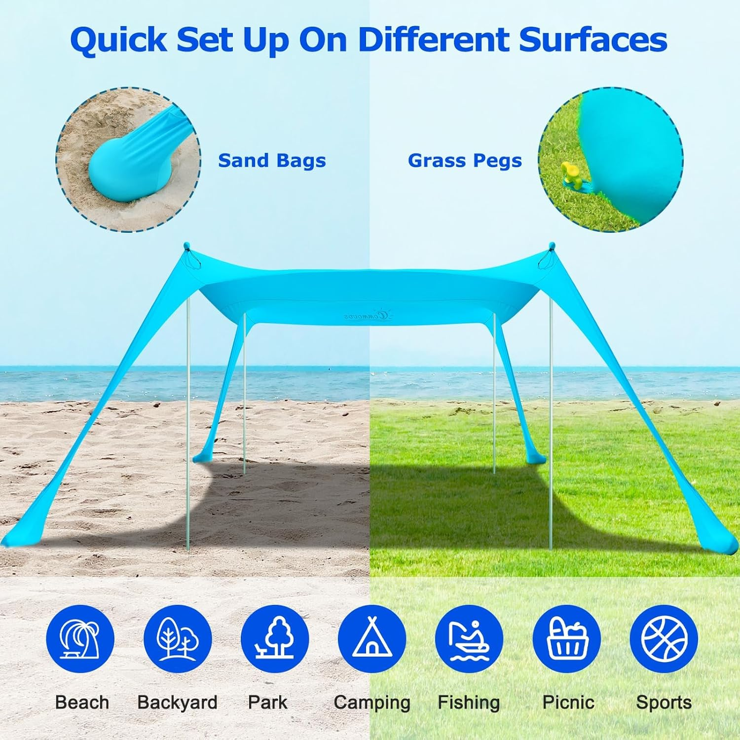 Beach Tent, Camping Sun Shelter with UPF50+ Protection, Sand Shovels, Ground Pegs and 4 Stability Poles, Outdoor Pop up Beach Shade Canopy, Backyard or Picnics (300 * 300 * 200Cm) image number 5