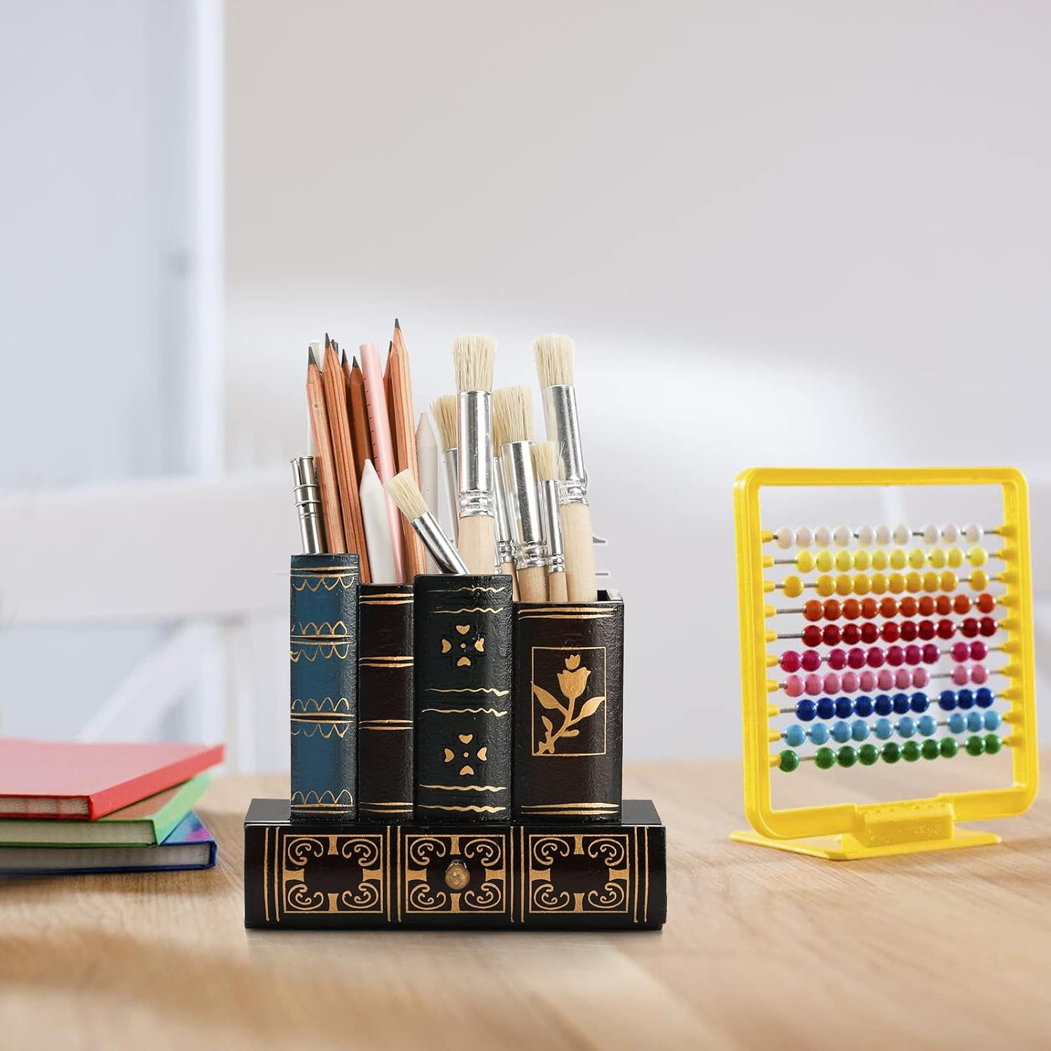 Tosnail Decorative Pen Holder with Storage Drawer, Wooden Pencil Holder Organizer, Antique Library Books Design Pen Cup Caddy, Desk Organizer for Office Supplies, Countertop, Desk, Table Accessory image number 4