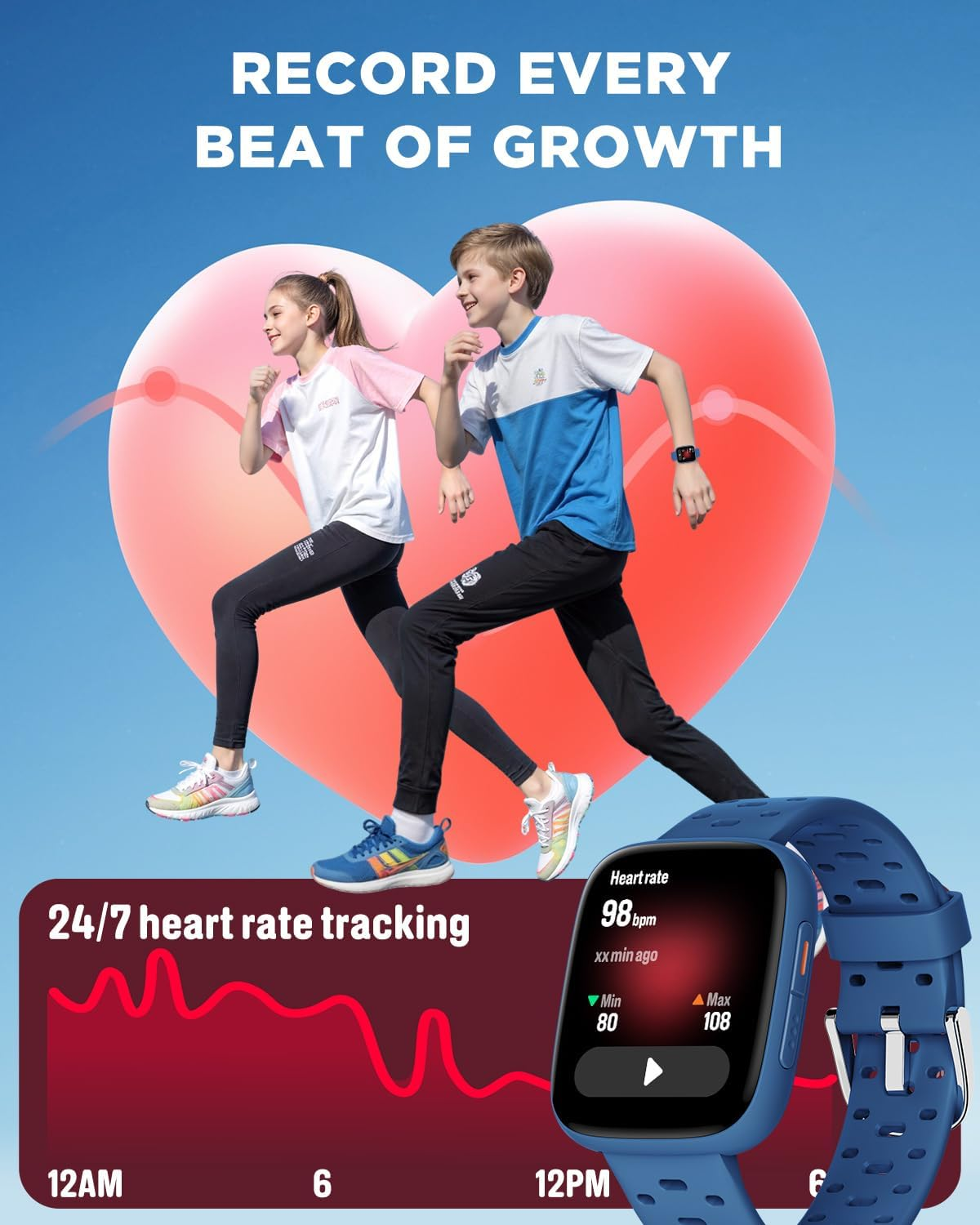 BIGGERFIVE Kids Watch No Phone Needed, 1.8" Amoled Smart Fitness Watch Pedometer, Sleep Tracker, 30M Waterproof, Step Counter, Puzzle Games, 100+ Dials, Gifts for Boys Girls 5-16, Blue image number 6