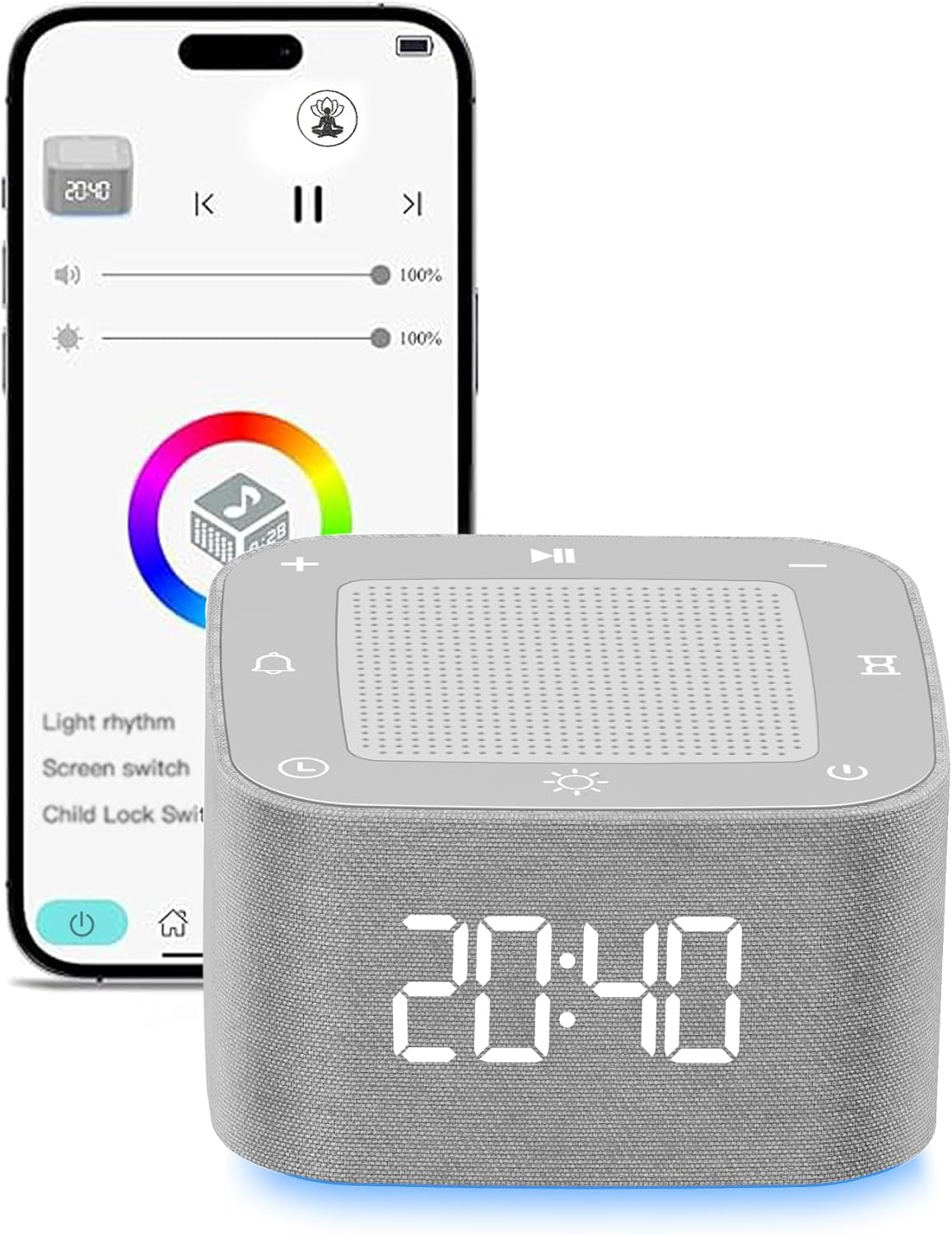 White Noise Machine & Alarm Clock with Bluetooth Music Player,32+ Soothing Sounds,7-Color Night Light, 5-Timer Settings, Dimmable, Memory Function, for Adults/Baby/Bedroom/Office (Grey) image number 1