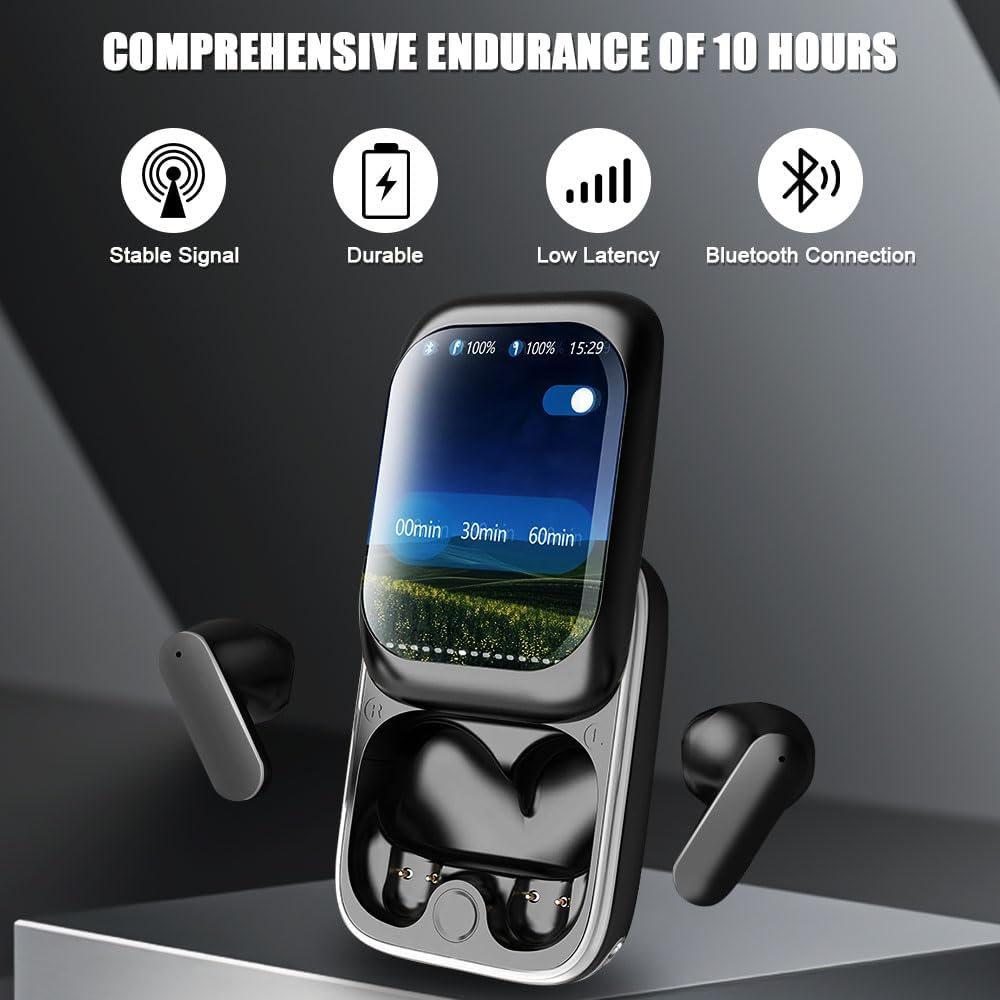 Mesen Touchscreen Bluetooth Headphones, Wireless Bluetooth 5.3 with ANC/ENC Noise Cancelling Mic, 48 Hours Deep Bass Earbuds, Wireless Headphones with LED Colour Screen for Ios/Android image number 4