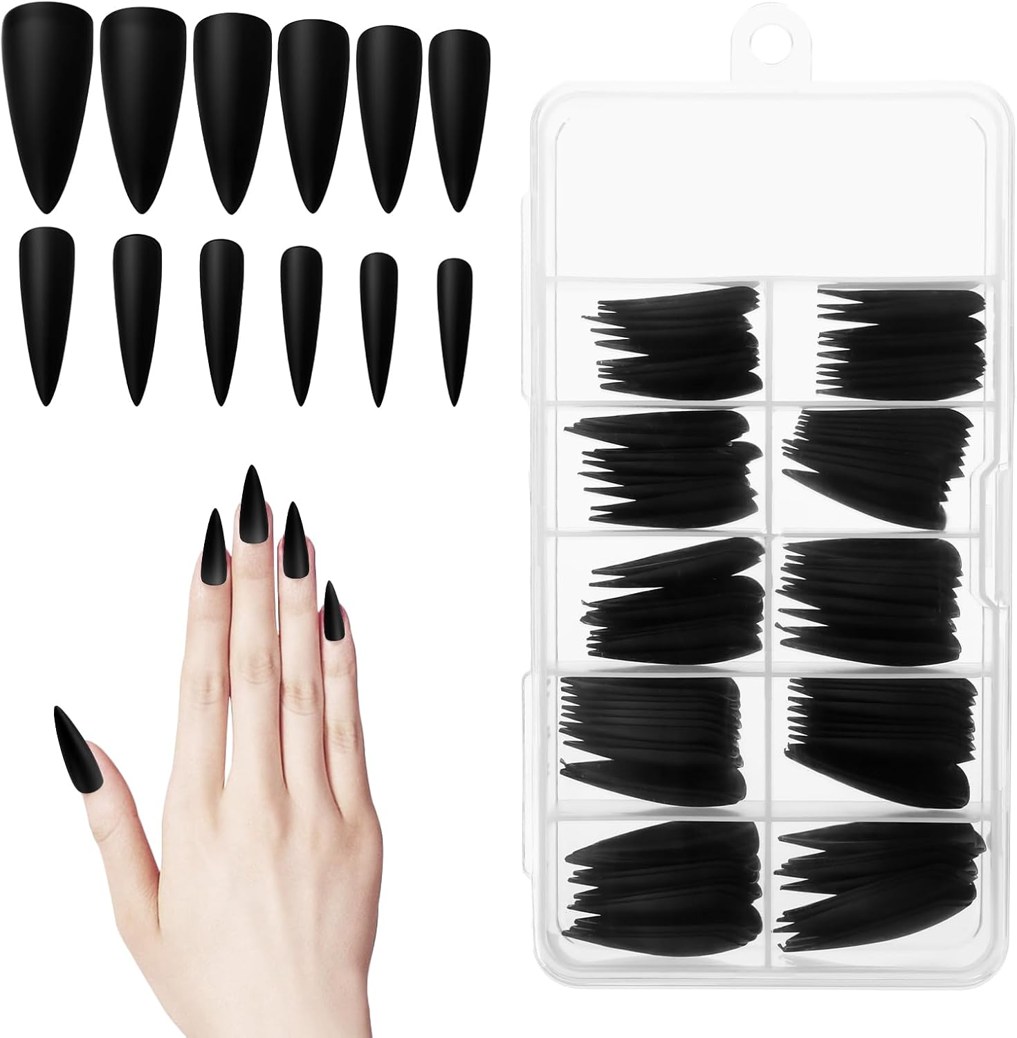 Pack of 100 Press on Nails Black, Almond Shaped False Nails, Medium Length Artificial Nail Tips, Glue on Nails for Women, Stiletto Press Ons image number 1