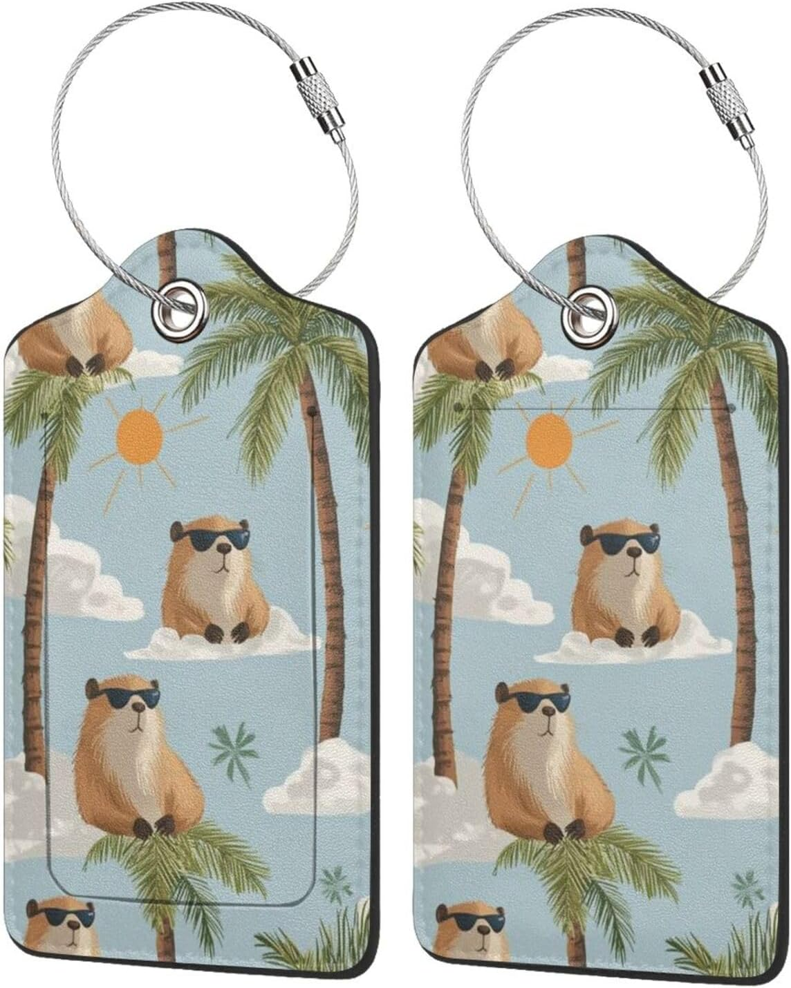 Generic Beach Cute Capybara Print Luggage Tags, Leather Stainless Steel Loop Label Tag for Travel Bag Suitcase