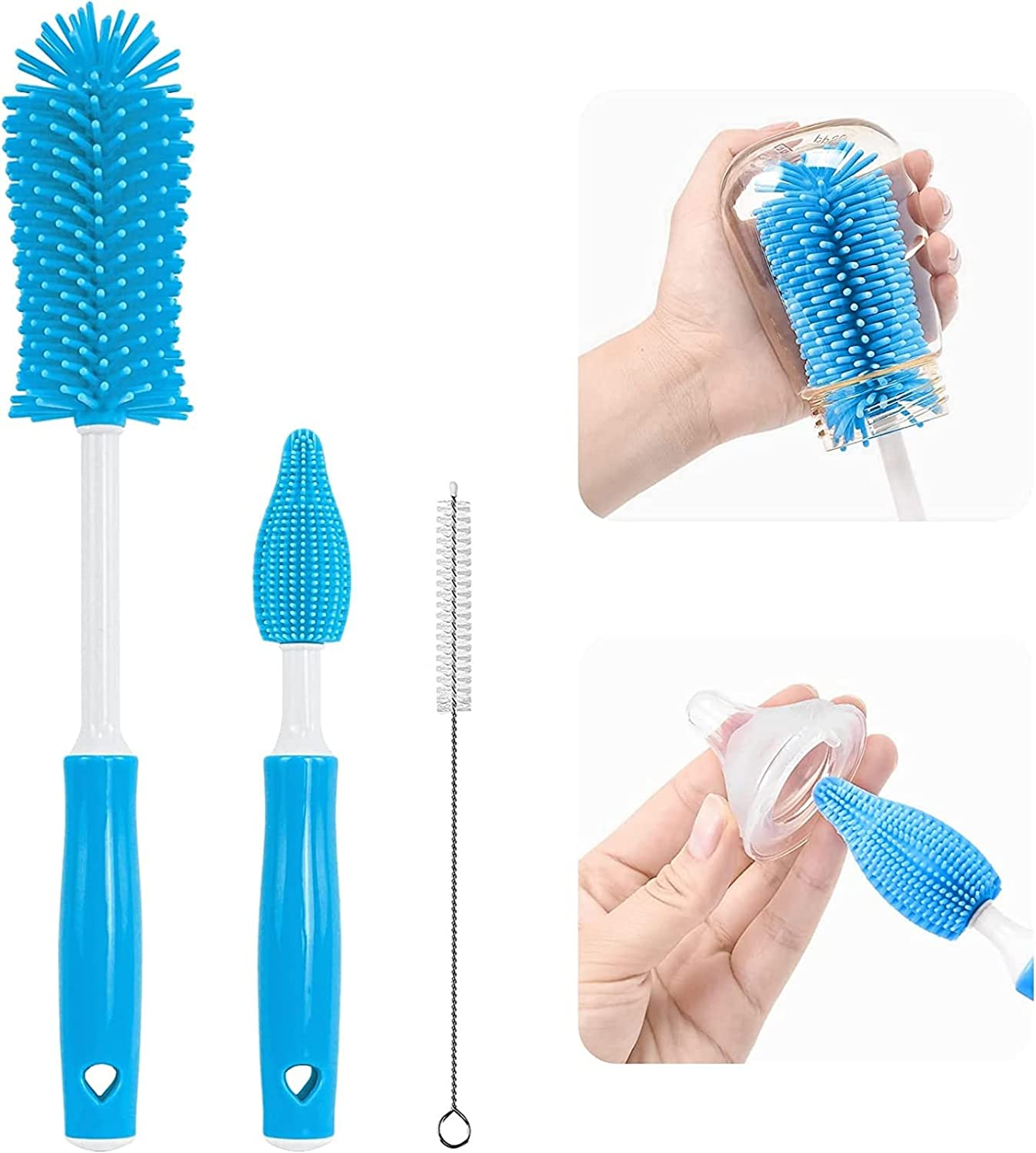 Silicone Bottle Brush Cleaner Set - 3 Pack Long Handle Brushes for Hydro Flask, Glassware, Baby Bottles, Vases, Wine Decanters, Pipes, Narrow Neck Containers - Blue image number 4