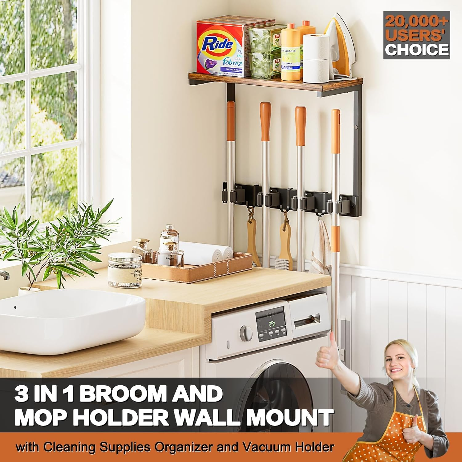 Broom Holder Wall Mount with Cleaning Supplies Organizer, Laundry Room Organization and Storage Shelves, Mop Hanger Broom Rack with Hooks, Home Improvement Kitchen Shelf Garage Organizer image number 5
