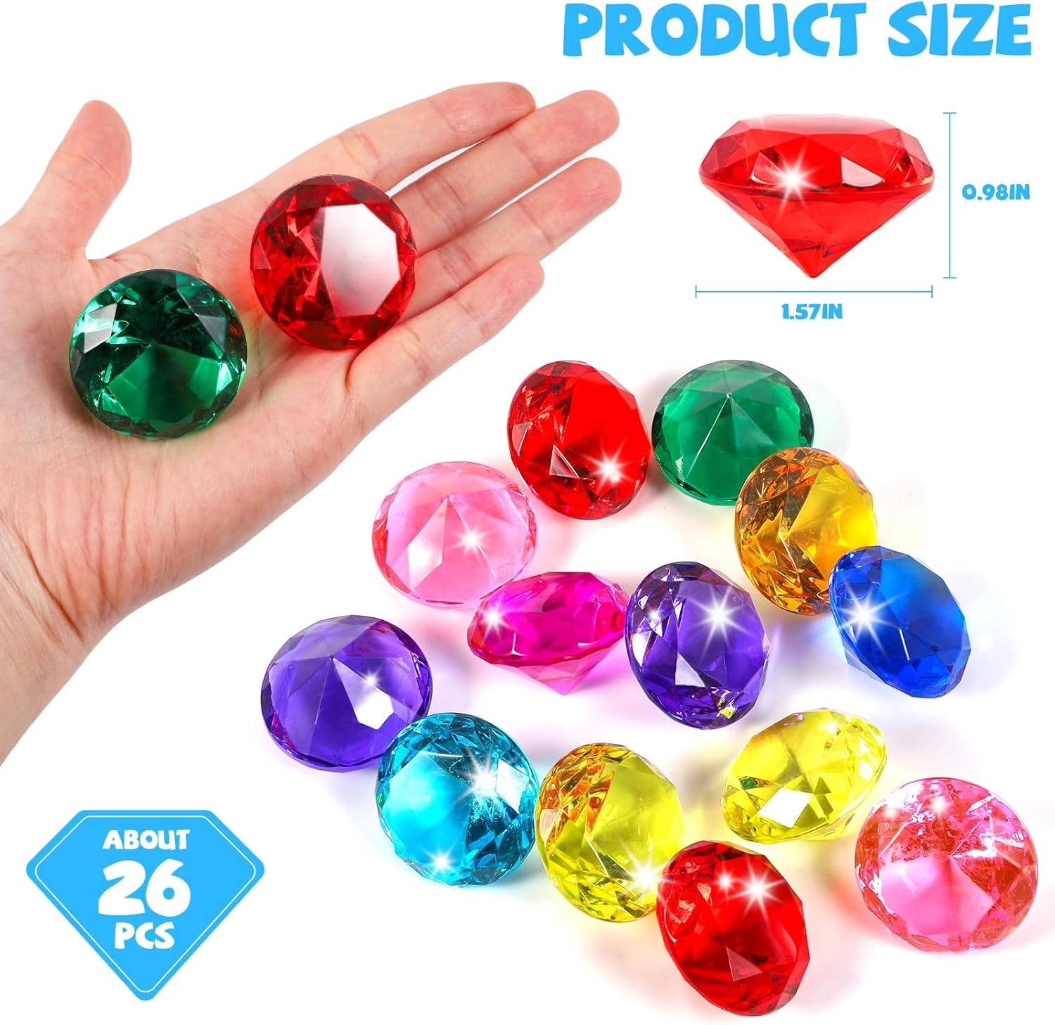 Niceup 26Pcs Diamond Gems Kids Princess Mermaid Pirate Party Favors Treasure Toys, 1.57In Fake Jewels Plastic Gemstones for Easter Eggs Filler Basket Stuffers, Hunt Hide Seek Toys, Diving Pool Toys image number 5