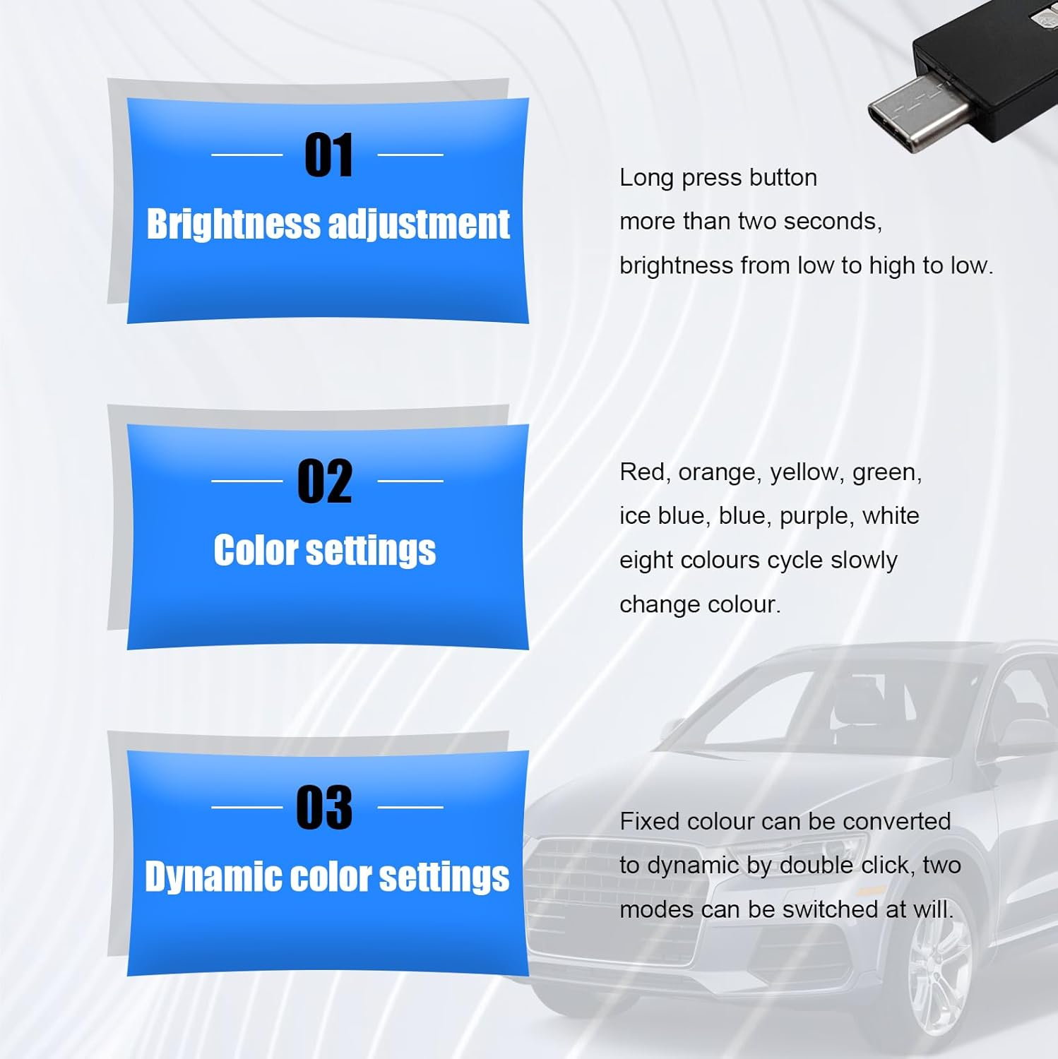 2 PCS USB Type C LED Ambient Light, 8 Colors RGB Dynamic Gradient Brightness Interior Atmosphere Lamp, Mini Adjustable Car Accessories Replace Lighting Parts for Home Laptop image number 1