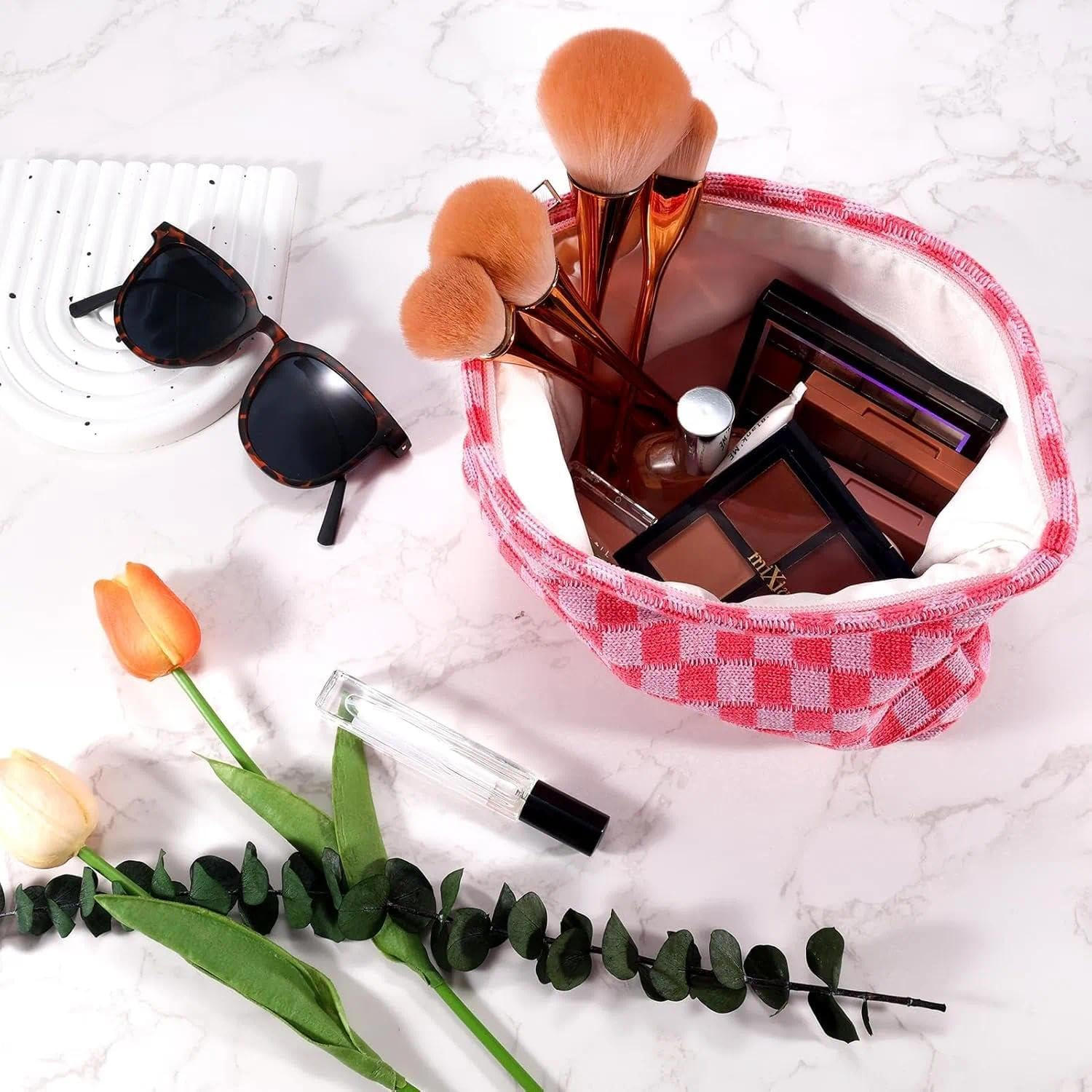 Pink Makeup Bag Set, Travel Makeup Bag Organizer, Portable Cute Checkered Cosmetic Bags for Women, Small Makeup Pouch for Purse, Storage Bag for Toiletries and Makeup Accessories - Damaill image number 4