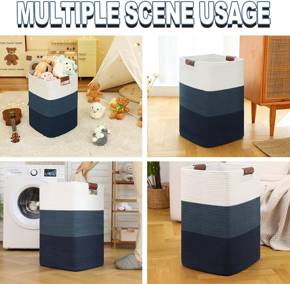 Laundry Basket, Large Laundry Basket, Decorative Cotton Rope Woven Basket, Cotton Woven Storage Basket with Leather Handles for Living Room, Bedroom, Blankets, Clothes (White Blue)