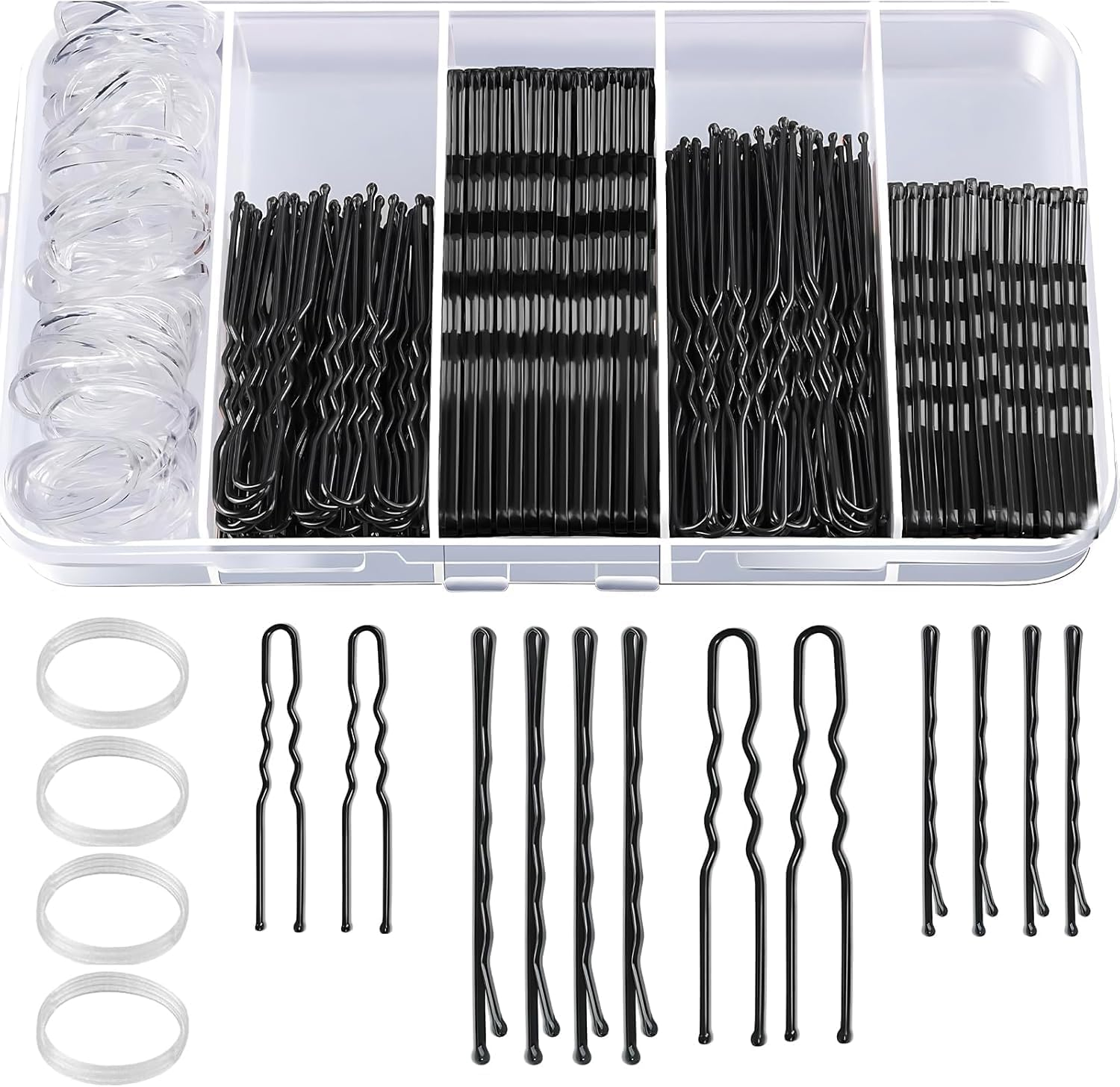 300 PCS Hair Pins Set, 100 Black Bobby Pins, 100 U-Shaped Hair Pins & 100 Clear Rubber Bands, Hairpins for Buns, French Pins, Hair Accessories for Women and Girls, Storage Case Included image number 6