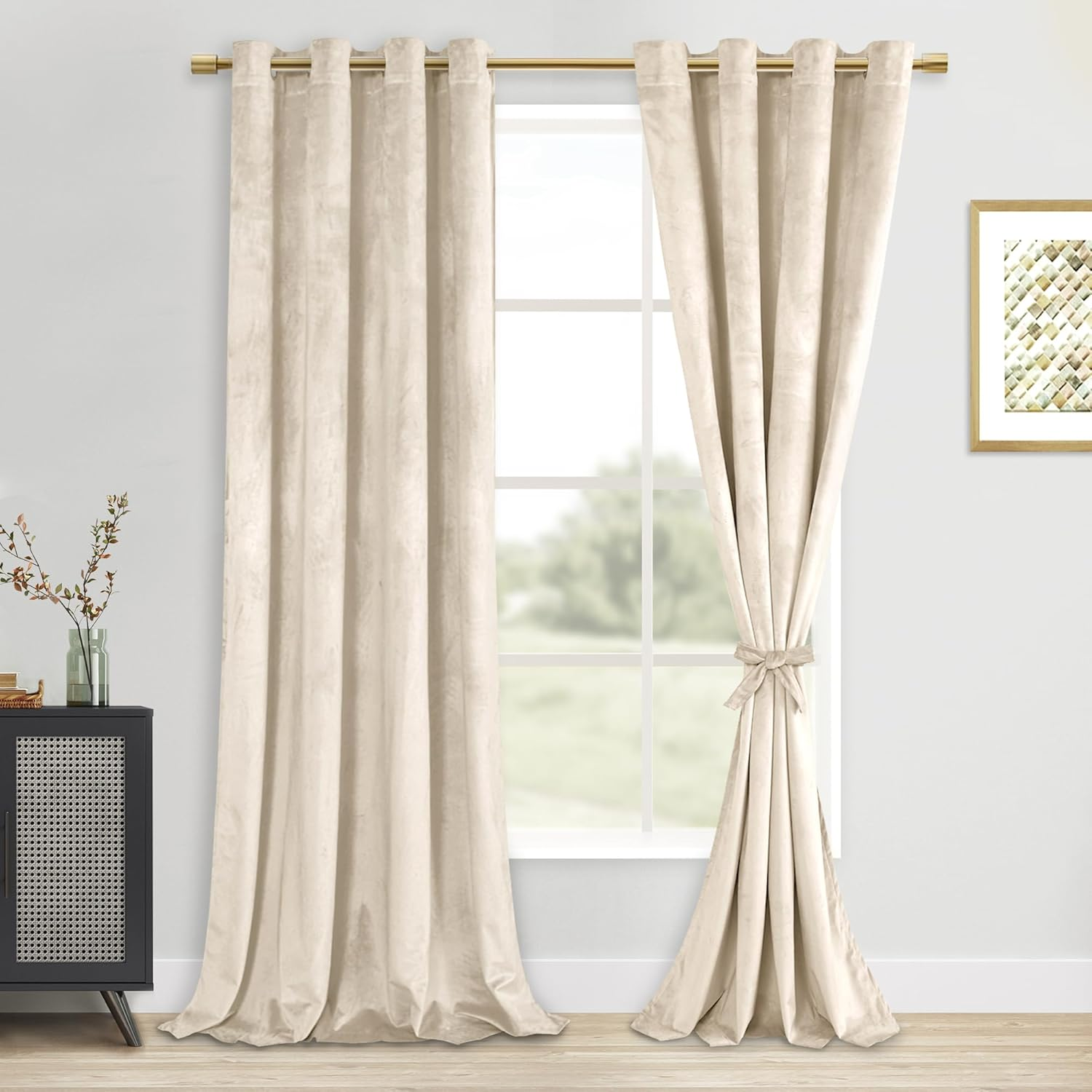 DWCN Velvet Curtains Elegant Grommet Curtain Sewn with Tiebacks - Thermal Insulated Room Darkening Curtains & Drapes for Living Room Bedroom Decor, Each W132 Cm X D214Cm, Set of 2, Light Sage