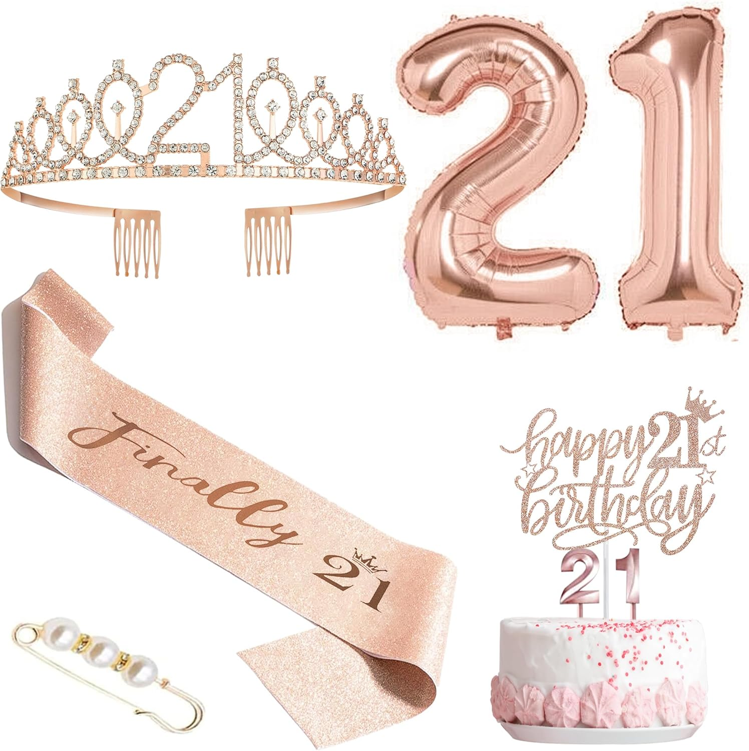 Happy 21St Birthday Decorations, 21St Birthday Tiara Crown, Birthday Cake Topper and Number 21 Candles, Birthday Sash, Rose Gold 21 Year Old Birthday Party Decorations for Women Gifts image number 5