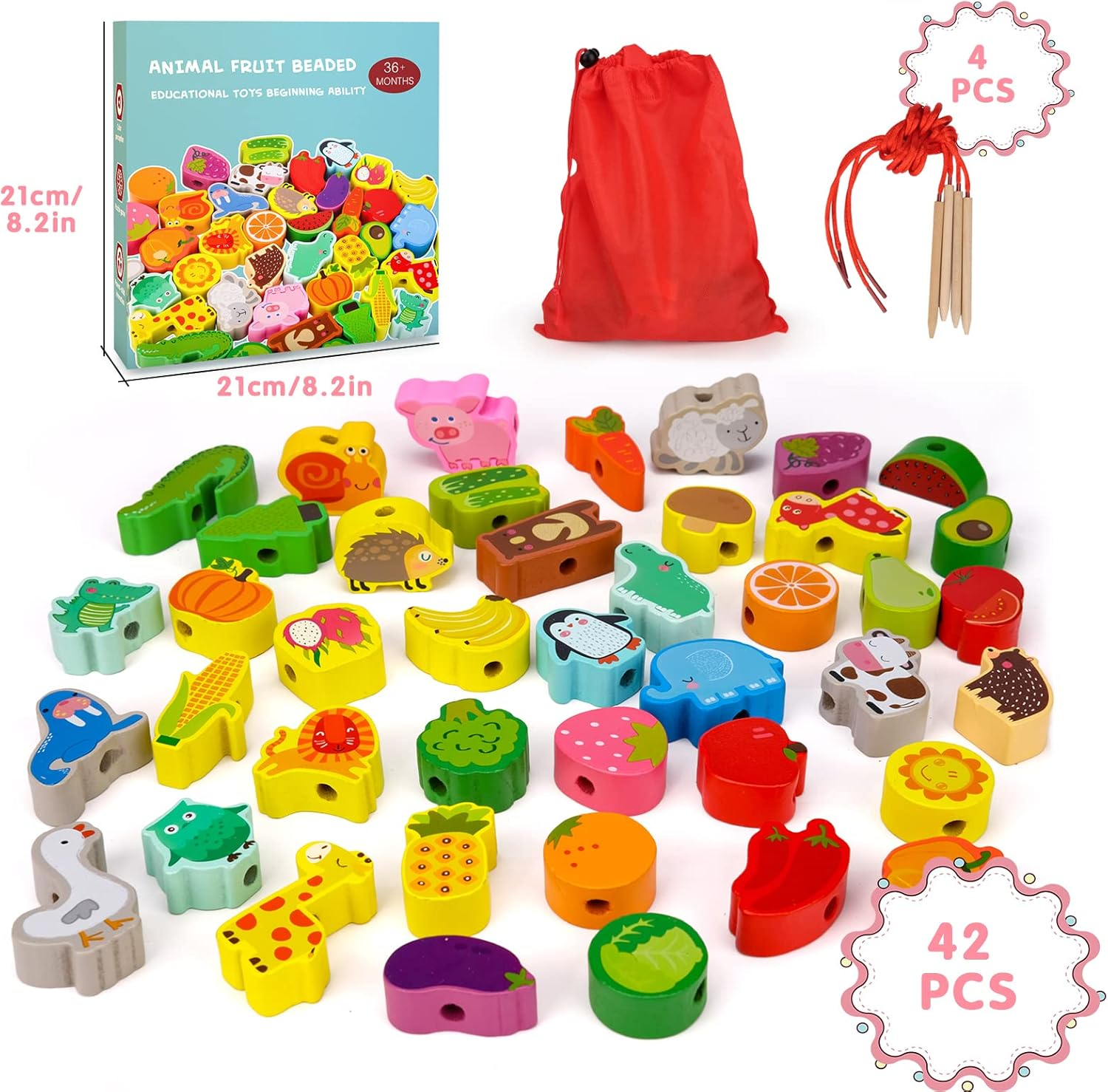 Montessori Toys for Toddlers 2-4 Year Old, Learning & Educational Toys Wooden Fruits & Animals Lacing Travel Sensory Toys for Girls Boys 1 2 3 Year Old Gifts Fine Motor Skills Kids Birthday Present image number 2