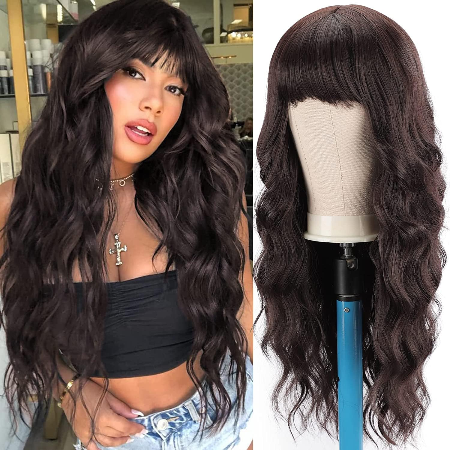 BLEXCO Long Wavy Wig with Bangs 26 Inch Synthetic Natural Wavy Wigs for Women Heat Resistant Synthetic Wigs for Daily Party Use (Black)