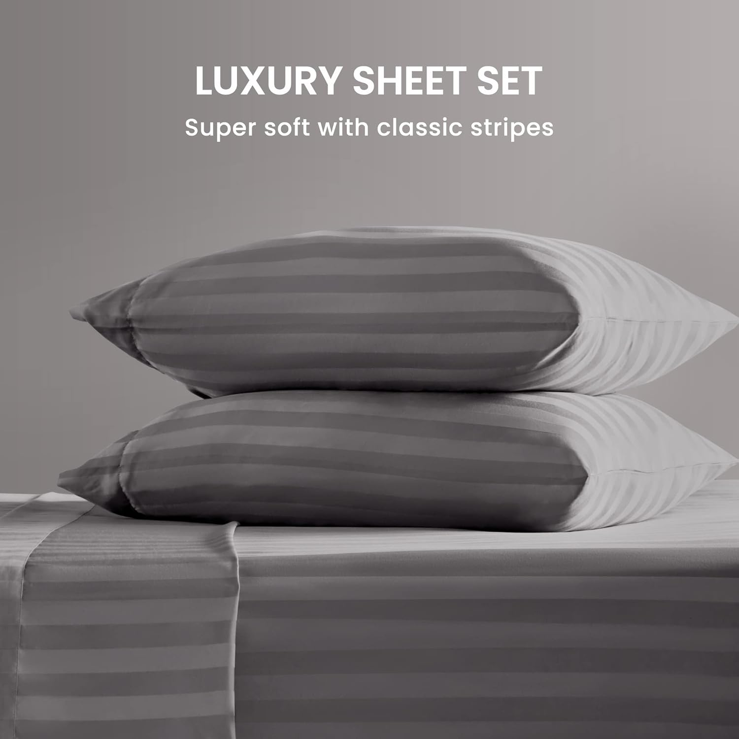 SLEEP ZONE Striped Cooling Queen Sheets Set - Fitted Flat Sheet & Pillowcase Sets 4 Piece - Super Soft Stripe Bed Sheet, Easy Care, Deep Pocket (Gull Grey, Queen) image number 4