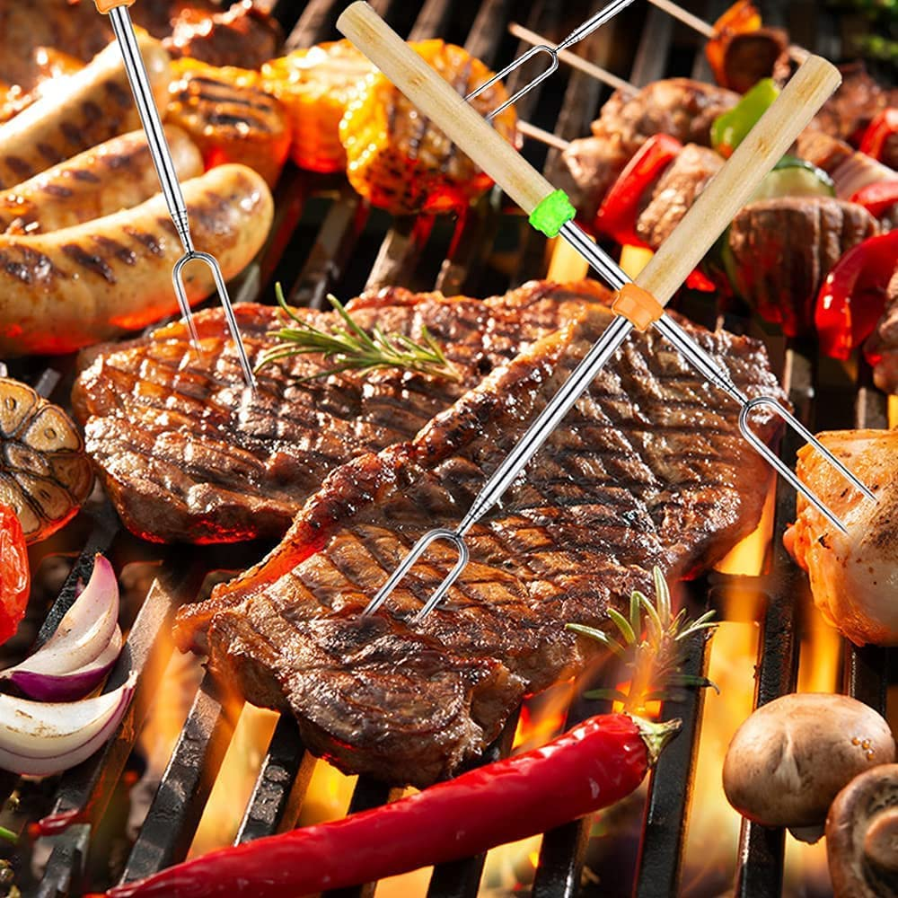 Marshmallow Roasting Sticks, Fyvadio Set of 8 Telescoping Smores Skewers & Hot Dog Forks with Wooden Handle for Fire Pit Campfire - 32 Inch Stainless Steel BBQ Kit for Outdoor Camping