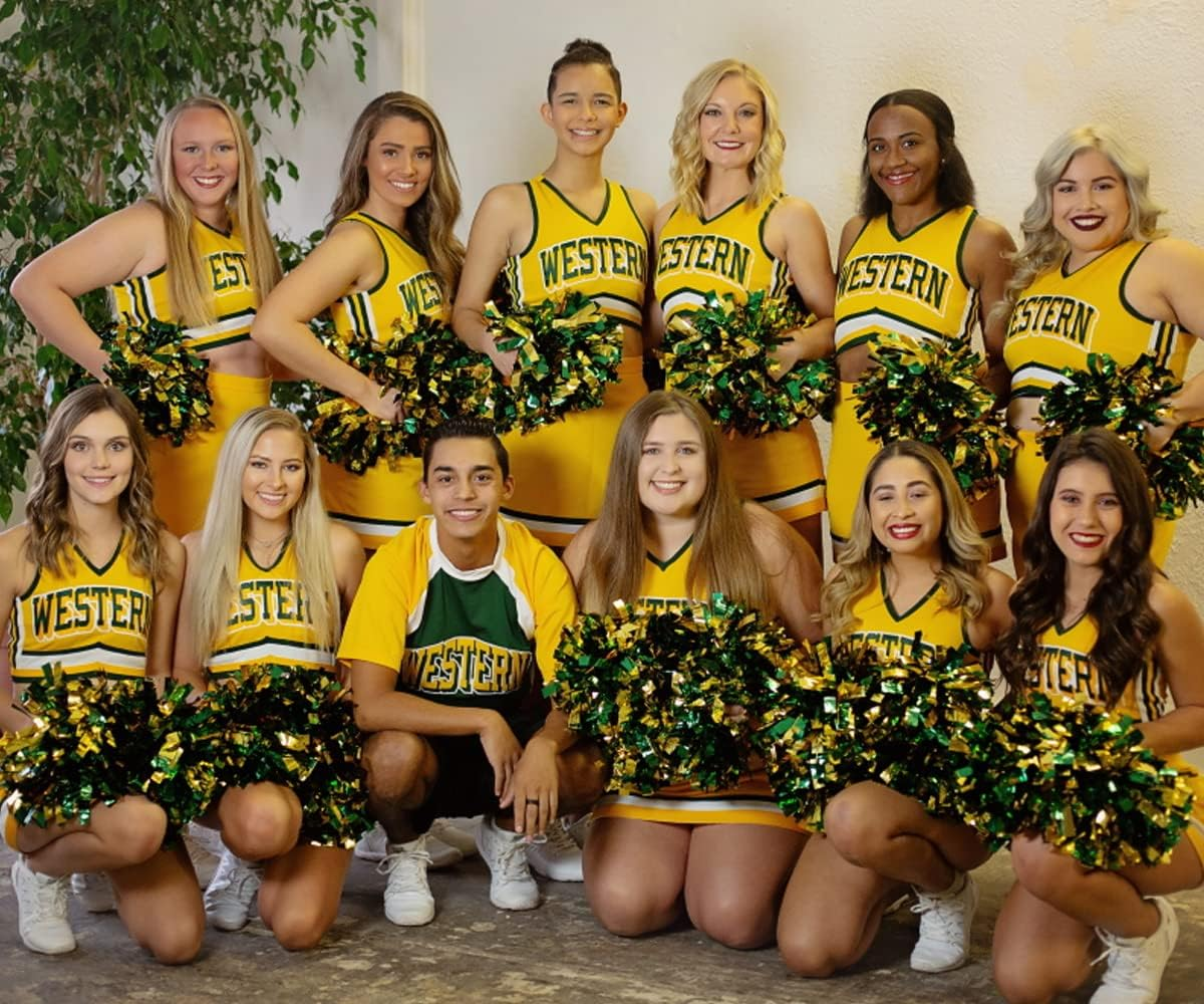 4 Pack Cheerleading Pom Poms,Metallic Cheer Pom Poms with Training Baton Handle for Team Sport Spirit Squad Bulk Cheerleaders(Green and Gold) image number 3