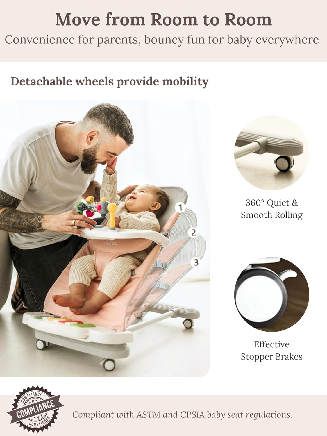 Cuddobaby Baby Bouncer 4-In-1 on Wheels, Detachable Pianos, Feeding Tray, 3-Level Recline Foldable Seat with Play Bar for Infant to Toddler 0-6, 0-12, 12-24 Months, Boy Gift Idea - Blue image number 4