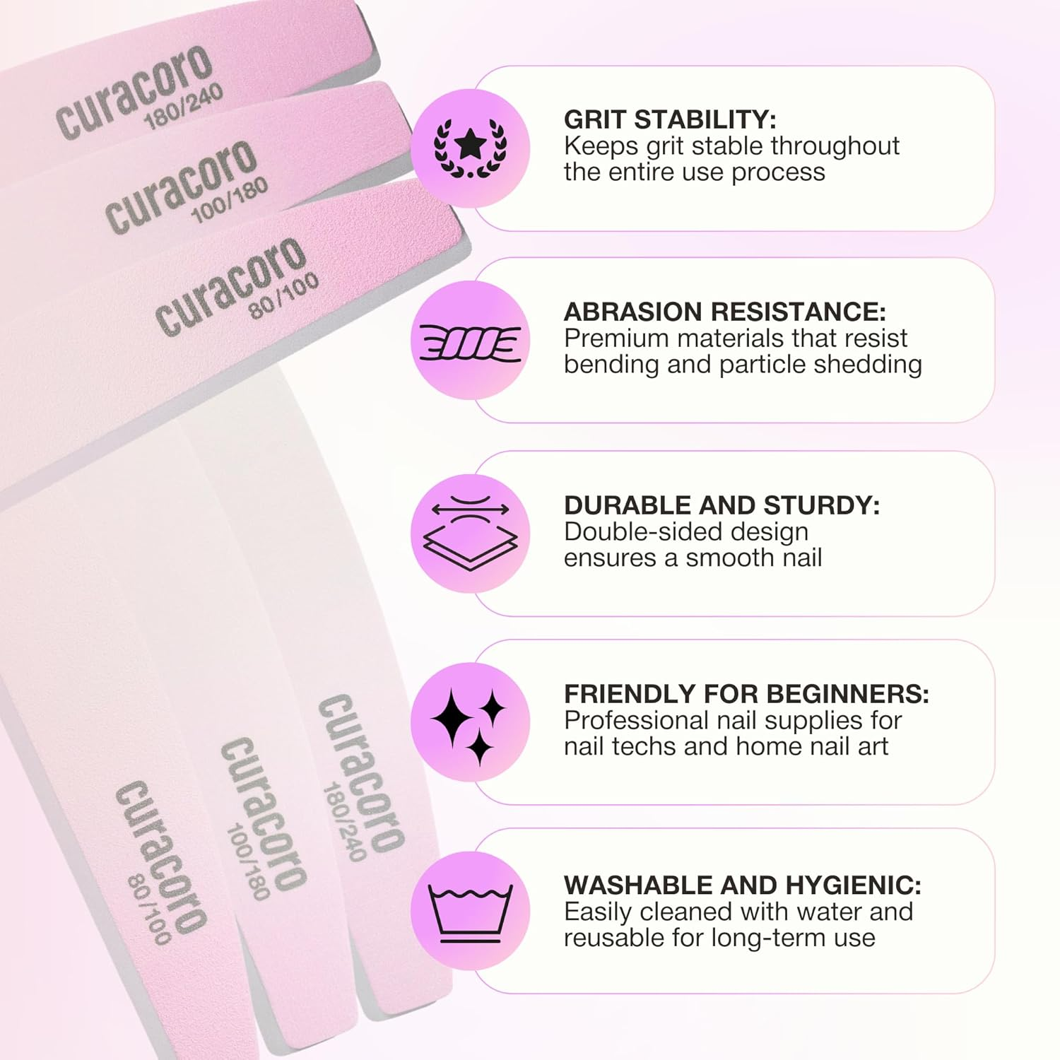 Curacoro 10 PCS Nail File - Professional Half-Moon Nail Files Double Sided Emery Board (180/240 Grit), Washable Nail Files and Buffers, Smooths & Shapes Nails, Manicure & Pedicure Buffing Tools