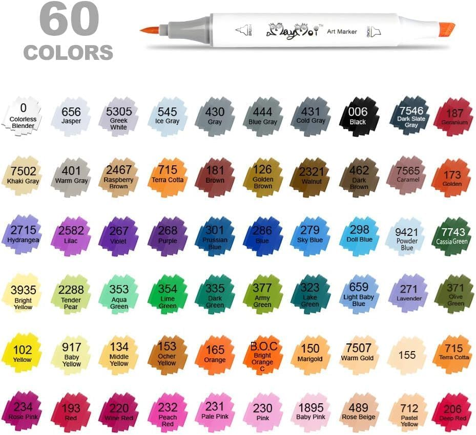 Aymxcls Art Markers Alcohol Based, 60-Color Double Tipped Coloring Drawing Illustrations, Artist Dual Tip Graphic Markers Crayon Markers for Coloring Drawing ﻿
