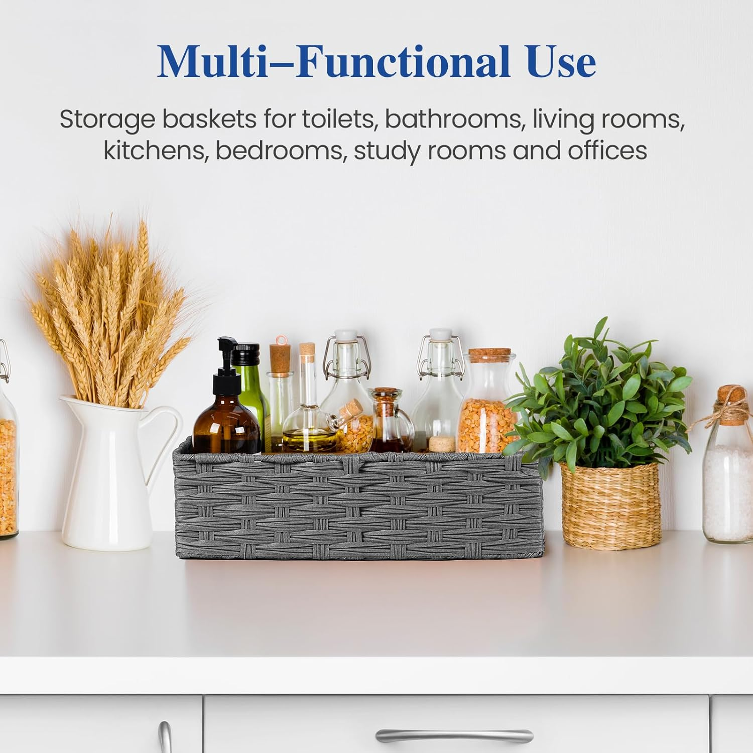 Wicker Basket for Toilet Paper Storage, 2-Piece Bathroom Organizer Set for Shelves, Pantry & Home Decor, Space-Saving Rectangular,15.5&times;6.3&times;4.3 Inch (Gray) - Gray image number 6