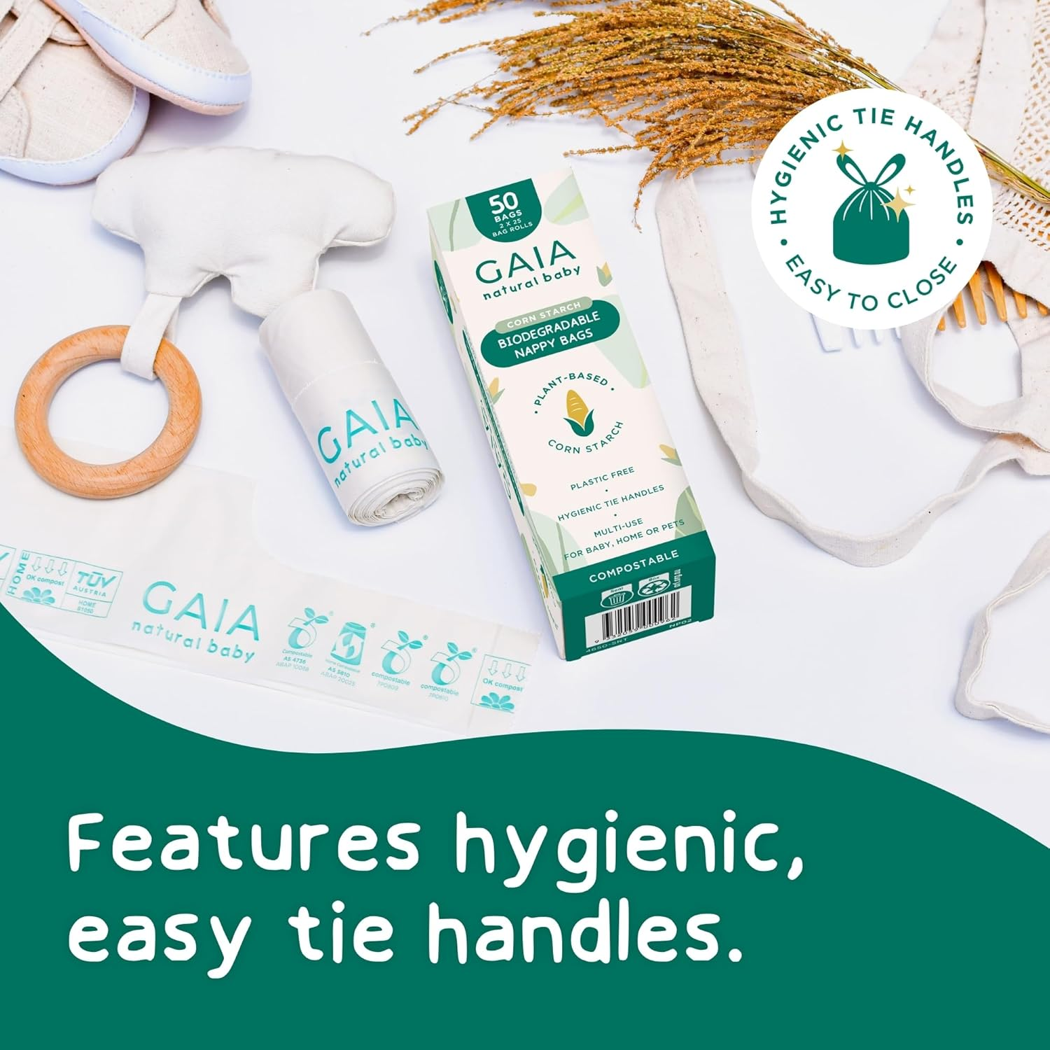 GAIA Natural Baby Biodegradable Nappy Bags | Plastic Free Cornstarch Bags | Easy‑Tie Handles | Hygienic Nappy Disposal | Eco‑Friendly & Compostable | Australian Brand | 50Pk image number 6