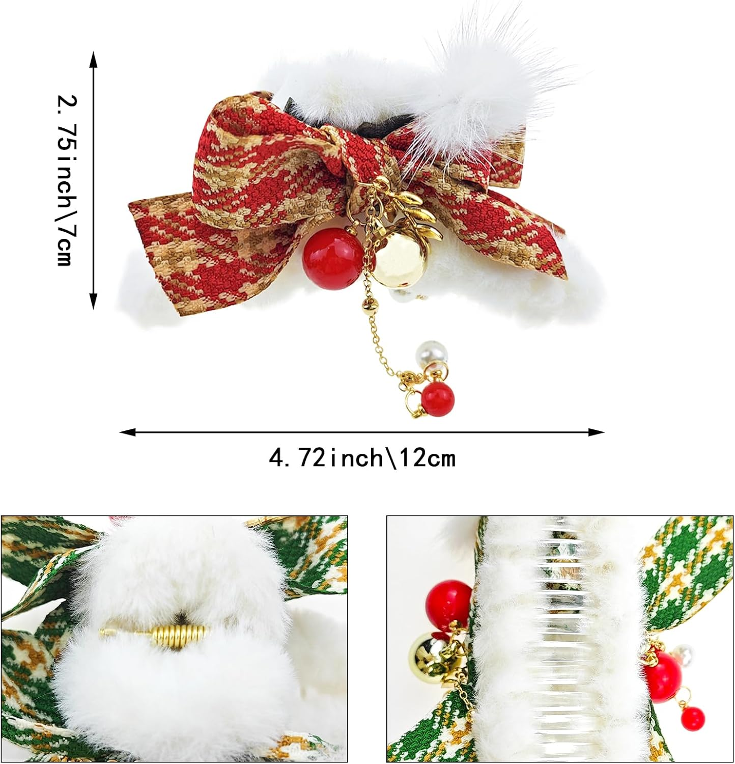 2 PACK Plush Hair Claw Clips with Tassels, Xmas Plaid Bows Hairpins Nonslip Claw Clip with Bells for Women Christmas Hair Claws image number 5