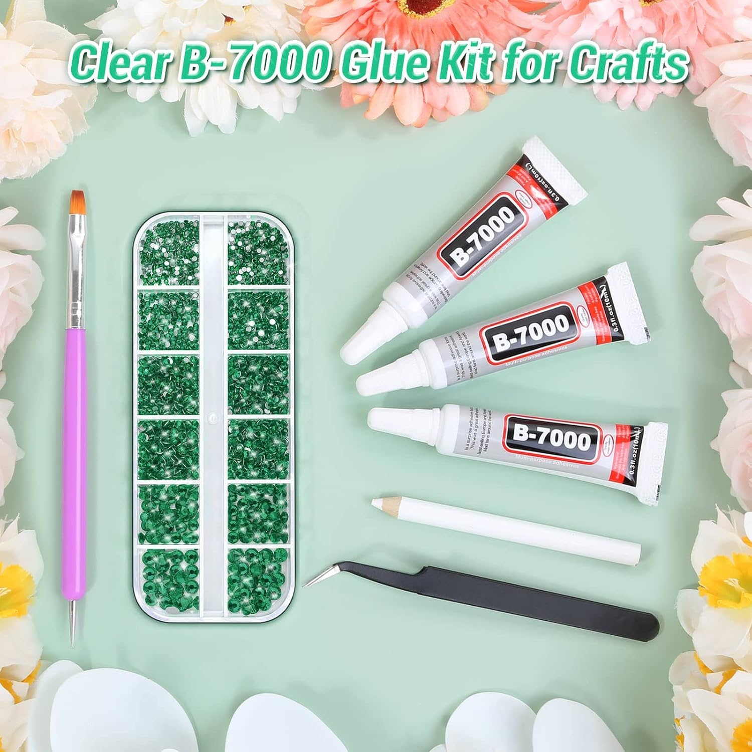 Audab B7000 Jewelry Adhesive with Rhinestones for Crafts, 2100Pcs Flat Back Gems Green Crystal Rhinestones with Tweezer Dotting Tools Gems Glue for DIY Clothes Fabric Shoes Make up Nail Art DAMN-0128