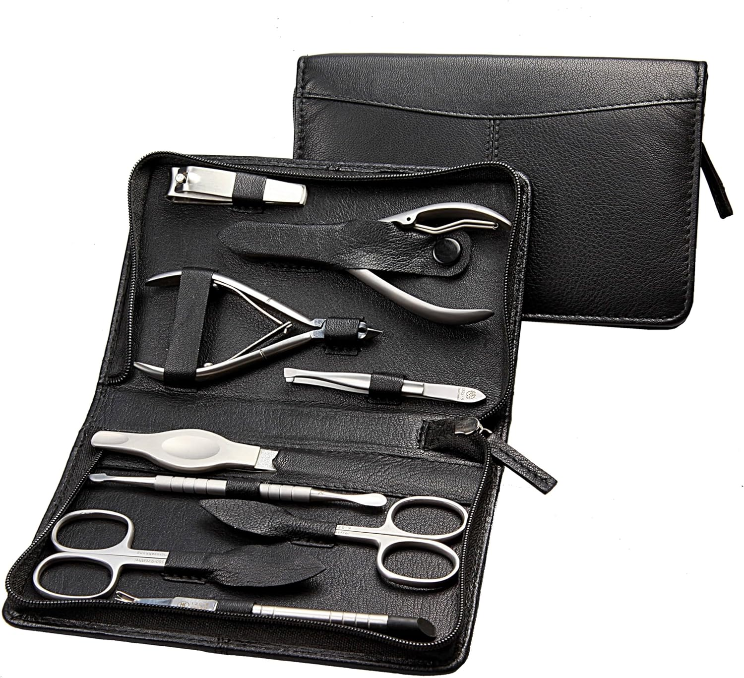 Sonnenschein by Hans Kniebes Manicure Set 9 Pieces Nail Scissors, Cuticle Scissors, Nail Clippers, Cuticle Nippers, Clippers, Tweezers, File, Manicure Case Nappa Sheepskin Black image number 4