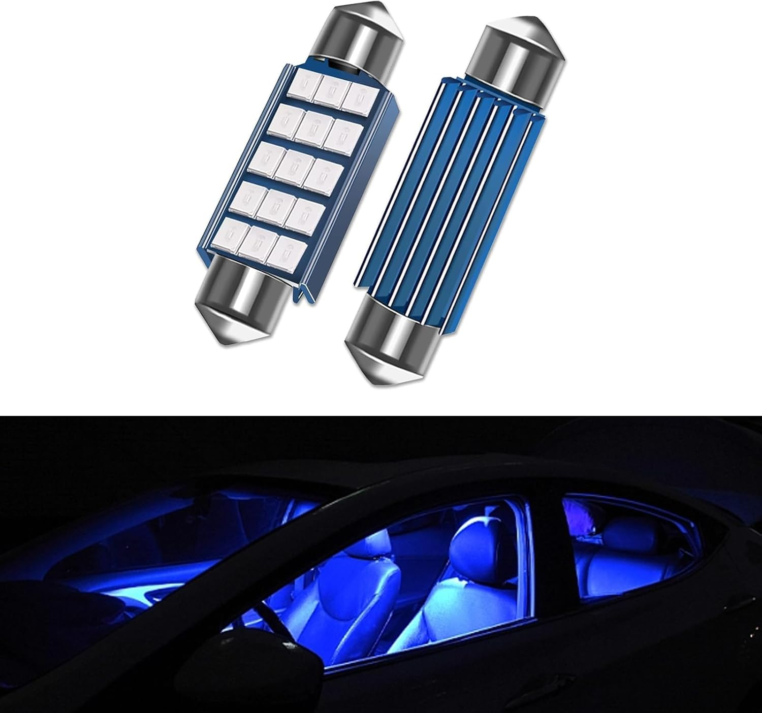 2 PCS Car LED Extremely Bright Bulbs, 1.6" 6000K 2835 Chipsets 1200LM Bulbs for LED Interior Dome Map Door Lights 211-2 212-2 569 6411 6451 41Mm 42Mm (Blue) image number 3