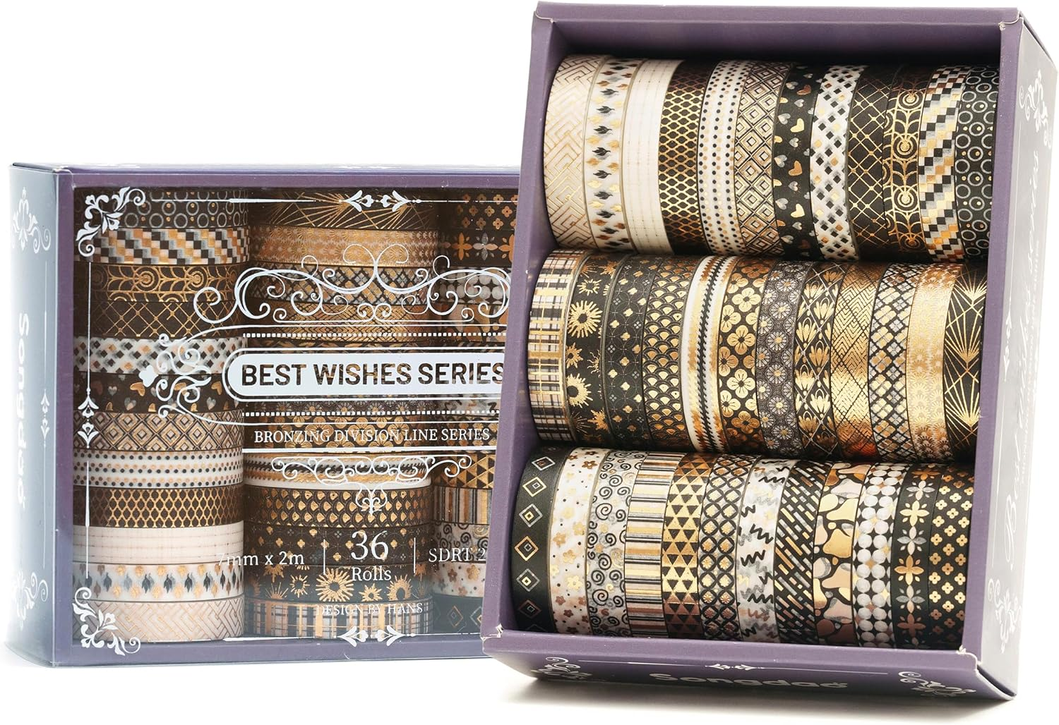 Songdao 36 Rolls Skinny Washi Tape Set Gold Foil Detailing Arts Adhesive Tapes Basic Patterns Decorative Masking Tape Sets for Craft, Kids, Scrapbook, DIY, Gift Wrapping (Black & Gold)