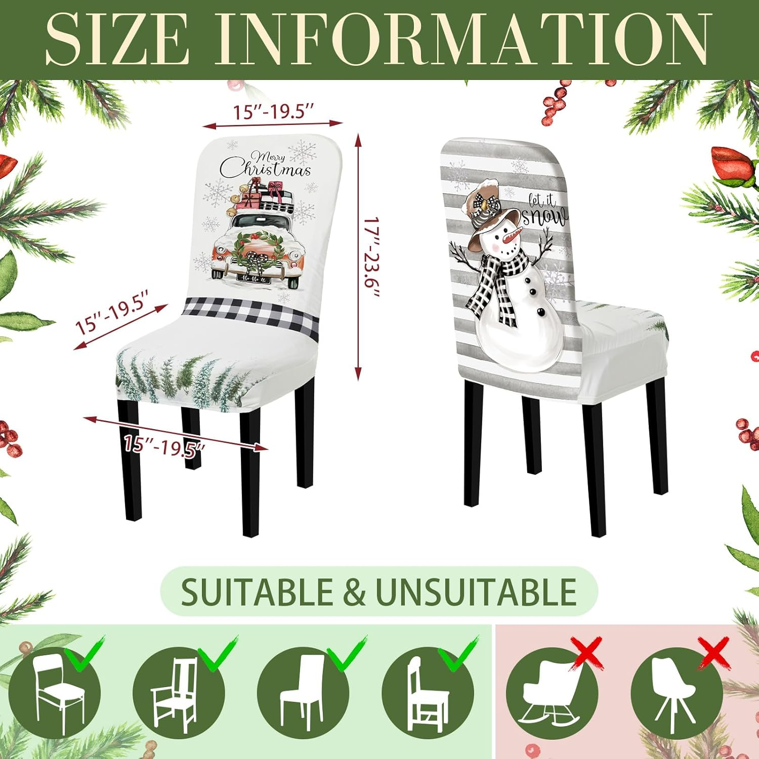 Preboun 6 Pcs Christmas Chair Covers Set Removable Washable Stretch Dining Room Slipcovers Parson Chair Protector for Christmas Home Ceremony Party Decoration, 3 Style(Plaid,White)