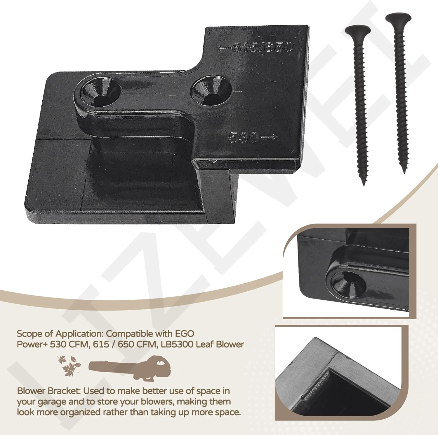 LIZEWEI Blower Wall Mount/Mounting Bracket for EGO Leaf Blower 530, 615, 650, LB5300 Wall Hanger, Plastic Wall Holder Wall Bracket for Hanging Leaf Blower image number 2