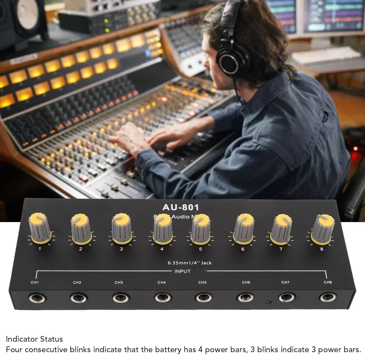 Jiawu Mini Audio Mixer, 8 Channel Stereo Line Mixer, 6.5Mm Independent Microphone Control with Volume Control, Multifunctional for Guitar, Bass, Keyboard, Recording, Streaming image number 2