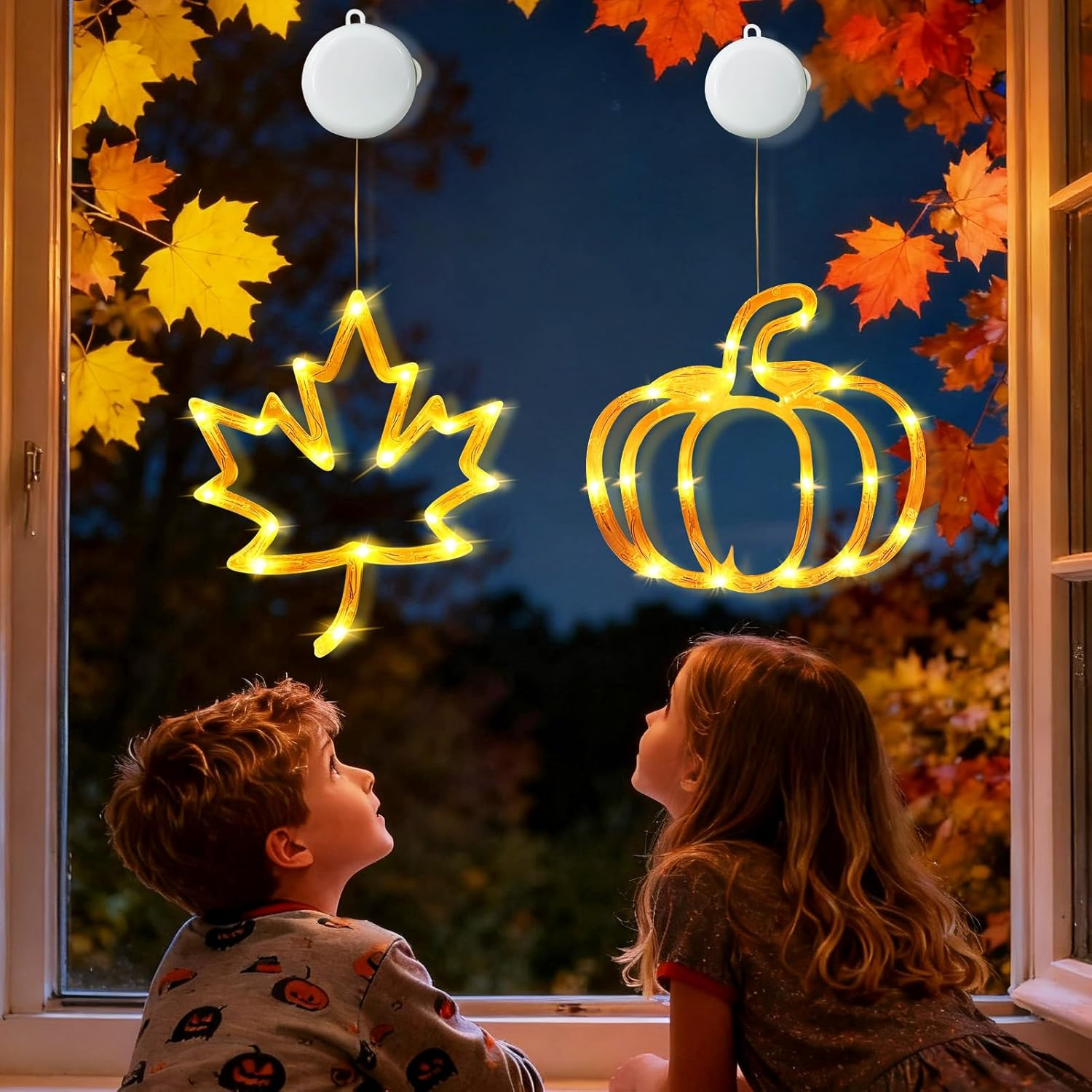 Taimeimao Autumn Decoration Light with Suction Cup, Waterproof Autumn Decorative Window Lights, Pumpkin Maple Leaf Window Decoration Lights, Autumn Fairy Lights with Suction Cup for Autumn Halloween image number 3