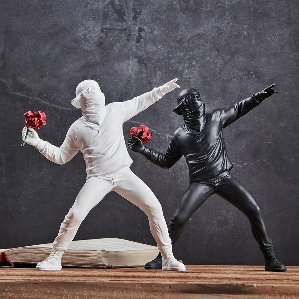 Banksy Flower Throwing Statue Flower Thrower Sculpture, Man'S Room Figurines Home Decor for Shelves, Resin Art Craft Desk Decoration Collection Ornament Gift (White) image number 1