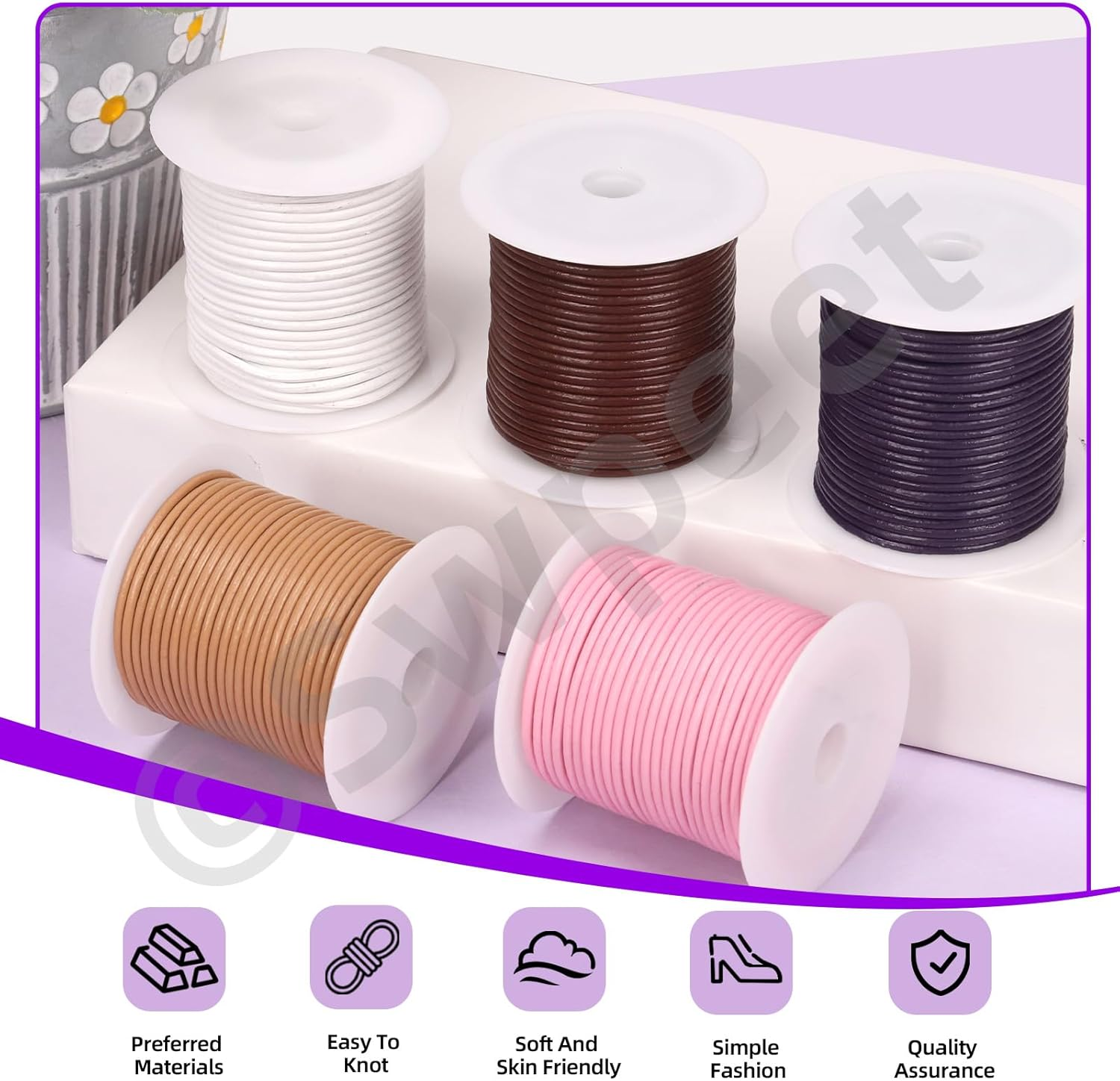 Swpeet 1 Roll 2Mm X 11Yard Leather Rope, Crafts round Cowhide, Jewelry Leather Cord, Natural Rawhide Rope for Jewelry Making, Shoelaces, Braided Bracelets, Versatile Applications (Pink) - Khaki image number 2