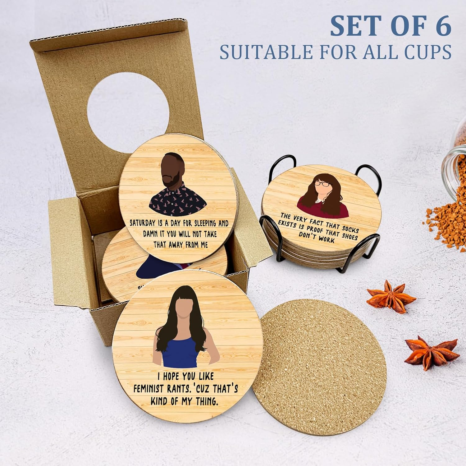 New Girl Cork Coasters Set of 6, Funny Novelty Coasters for Drinks Absorbent with Holder Cup Desk Office Table Kitchen Decor Accessories House Warming Gifts for New Home Couples,Round 4 Inch image number 5