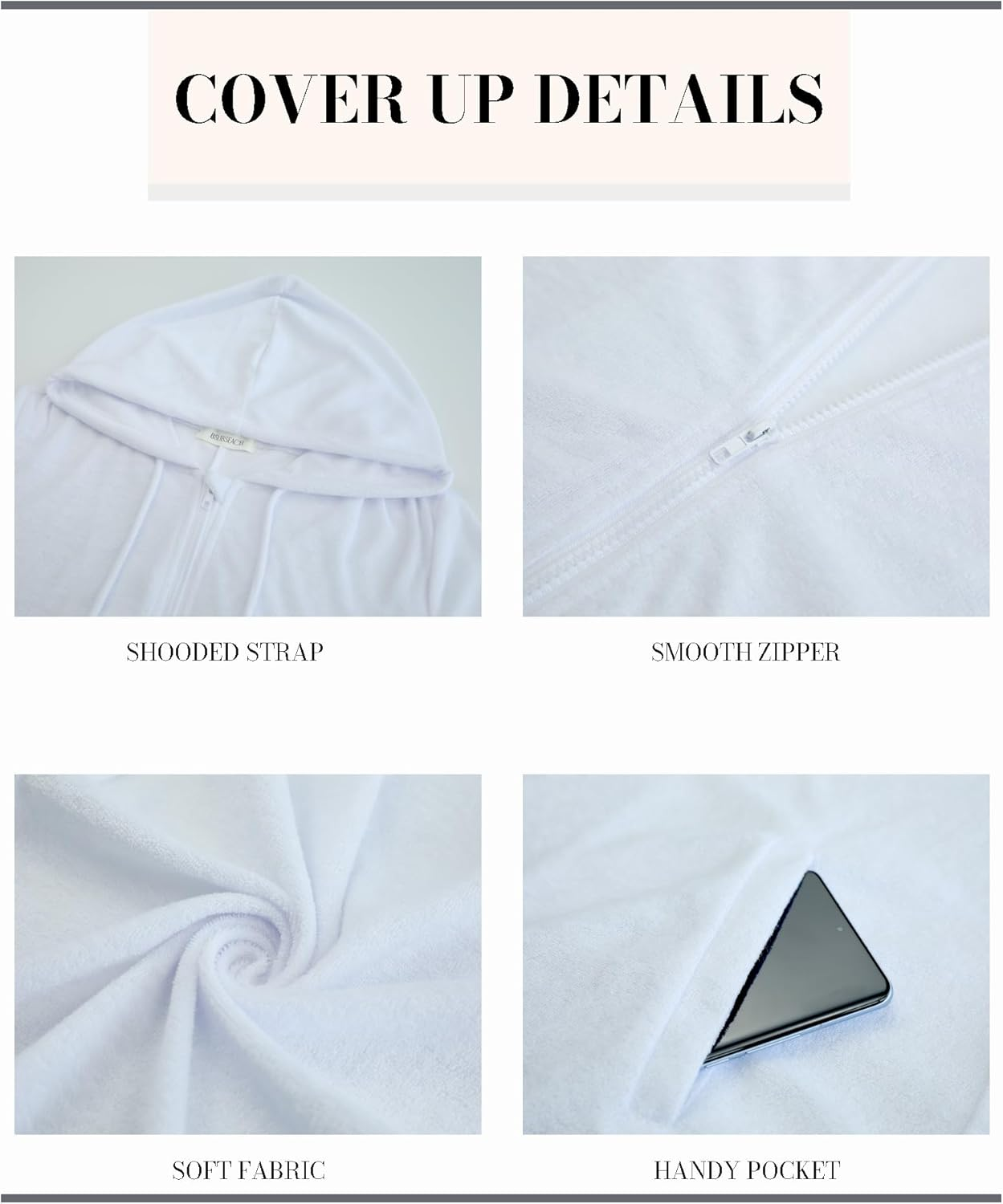 Bsubseach Terry Cloth Cover up for Women Zipper Hooded Swim Robes Beach Shirt with Pockets image number 4