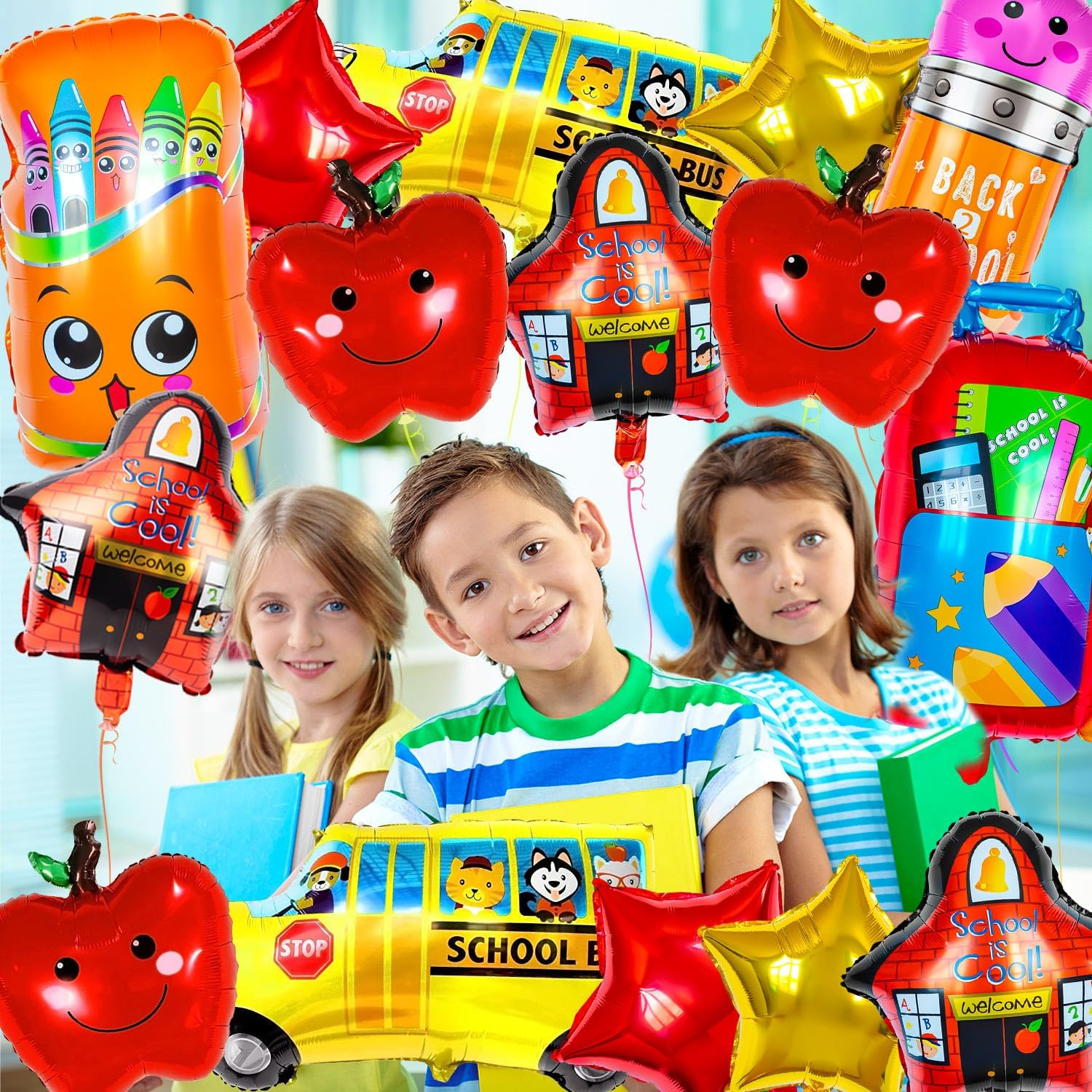 40 Pcs Back to School Foil Balloons, Colorful Apple Pencil Crayon Bus Helium Balloon, School Mylar Balloons for Party Supplies image number 4