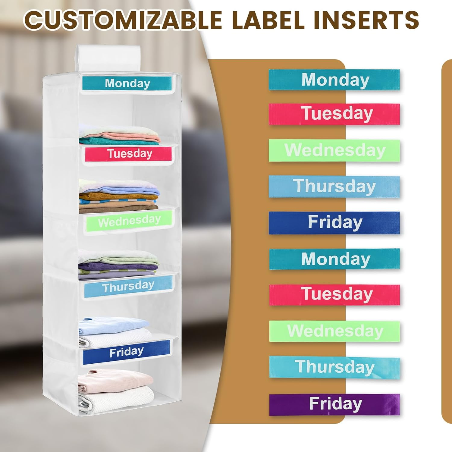 Weekly Clothes Organizer for Kids - 5 Shelf Hanging Closet Organizer, Polyester Daily Cube for Hats, T-Shirts, Bags, Towels (White) image number 1