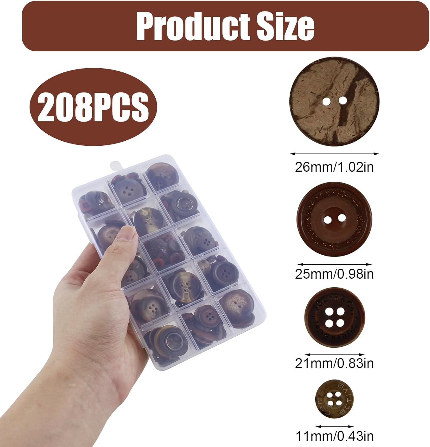208 Pcs Mixed Sewing Buttons Box Set - Buttons for Sewing & Crafting, Multi-Hole Blazer in Coffee Browns for Clothing Repair, Tailoring & DIY, Premium Resin Coat Buttons (Vintage Shades) image number 2