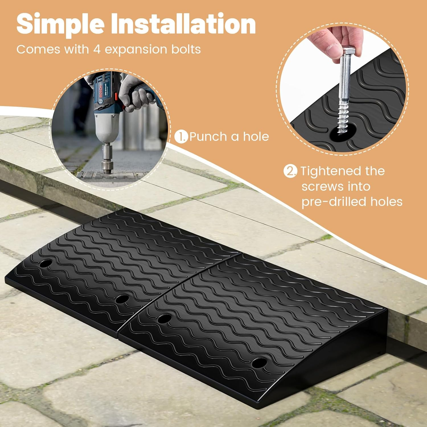 Costway Curb Ramp 2 Pack, 12Cm Raised Height Rubber Threshold Ramps Set W/Predrilled Holes & 4 Expansion Bolts, 3T Max Load, Anti-Slip Driveway Ramps for Car, Motorcycle, Wheelchairs, Scooters image number 3