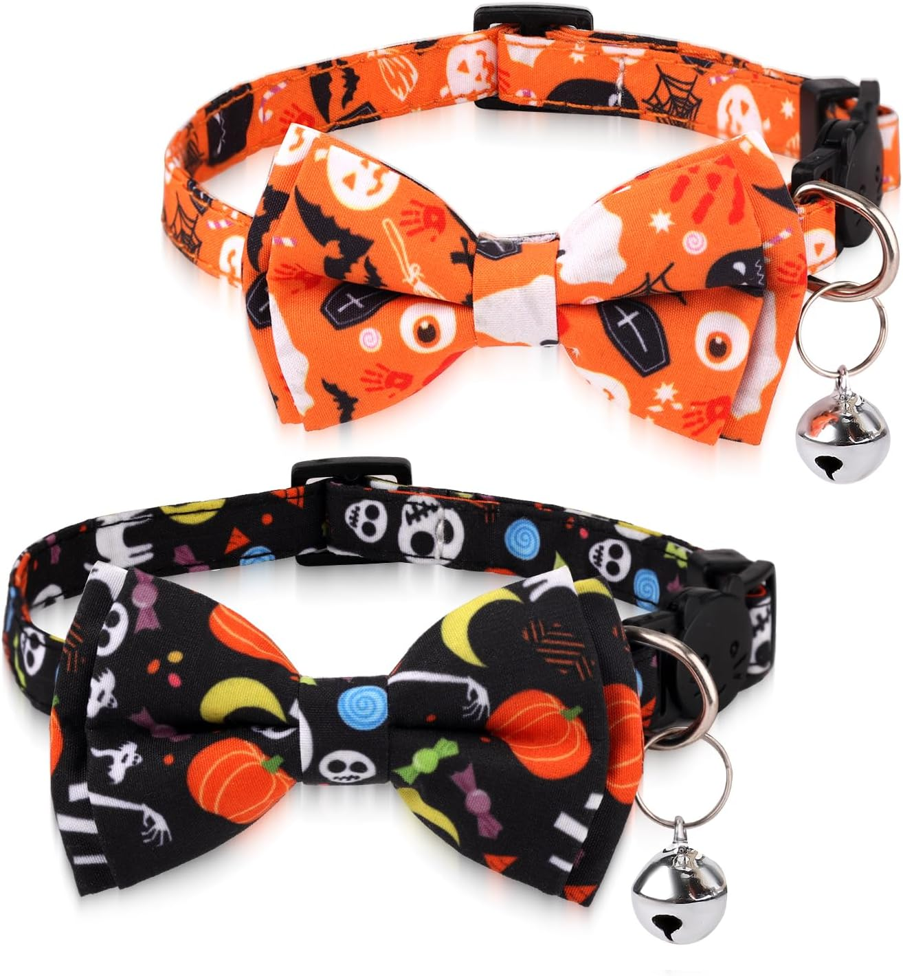 2 Halloween Cat Collars, Adjustable Cotton Fabric Cat Collar with Bell Soft and Comfortable Cats with Bow (Black+Skull, Orange+Pumpkin)