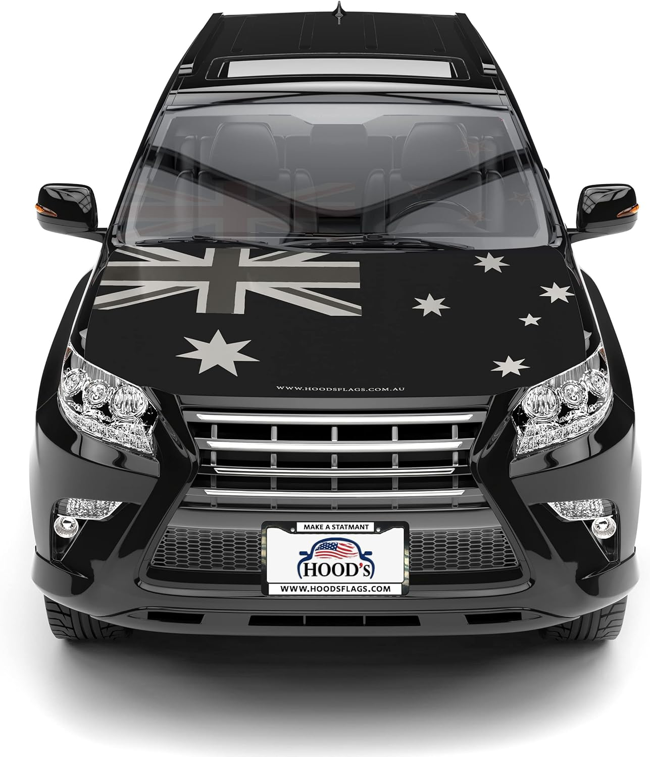 Blackout Australia Flag for Car Bonnet - 120X160Cm Patriotic B&W AU Flag for Car Hood - Premium Sublimation Print Universal Bonnet Fabric Cover + Triangle Fasteners