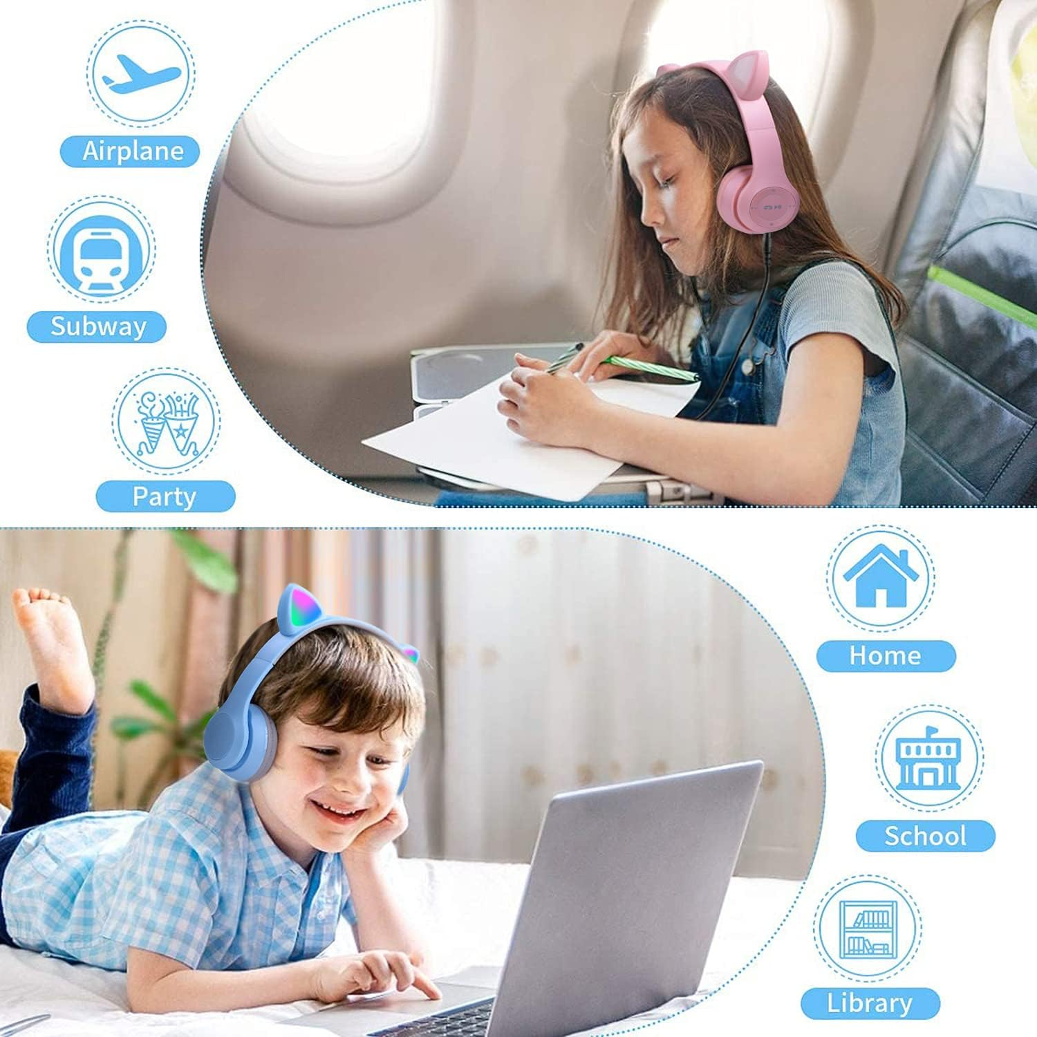 Megadream Children'S Cat Ears Headphones, Bluetooth Headphones, LED Light up Children'S Wireless Foldable Headset, over Ear for Girls/Boys Age 8+ (Blue) image number 5