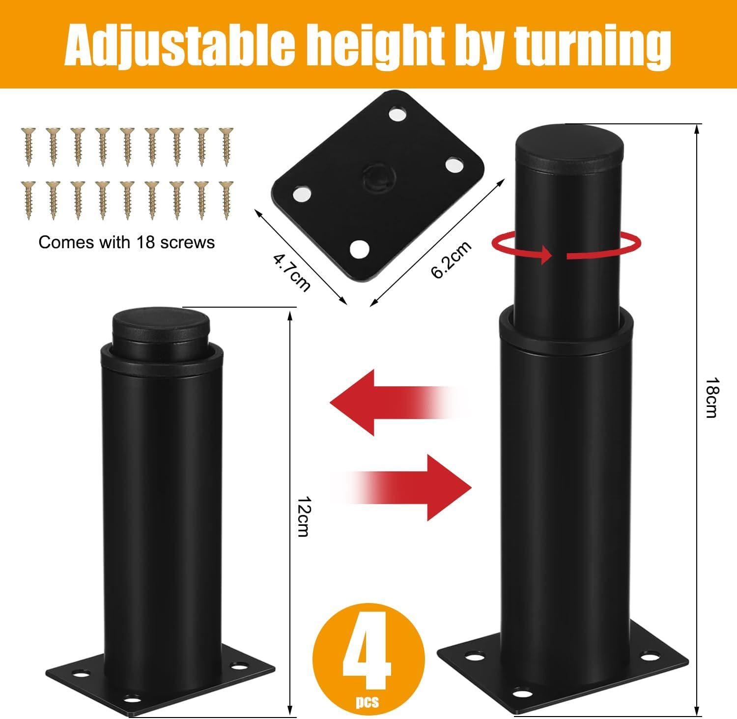 EDINNO Adjustable Furniture Legs, 4 Pcs Retractable 12-18 Cm Adjustable Metal Furniture Legs, Table Legs with 18 Screws, Modern Metal Sofa Legs, Suitable for Kitchen, Sofa, Table, Chair, Household image number 1