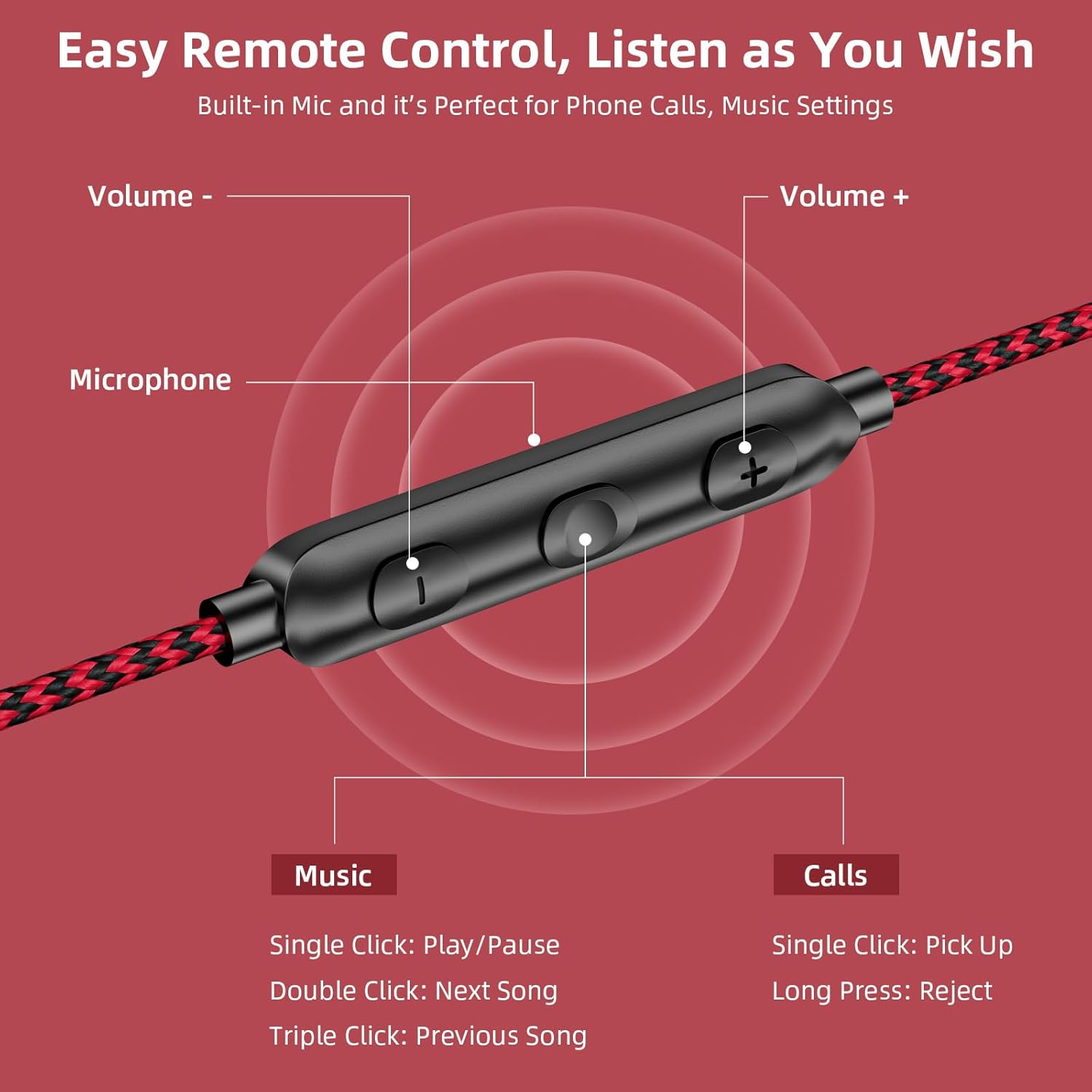 Jiunai Wired Earbuds Mic in Ear Wired Earphone 3.5 Mm Jack Magnetic Snap Noise Isolated Corded Ear Bud for Iphone Galaxy A15 A25 Ipad Surface Fire CD Player Commute Essential Gradient Black Red